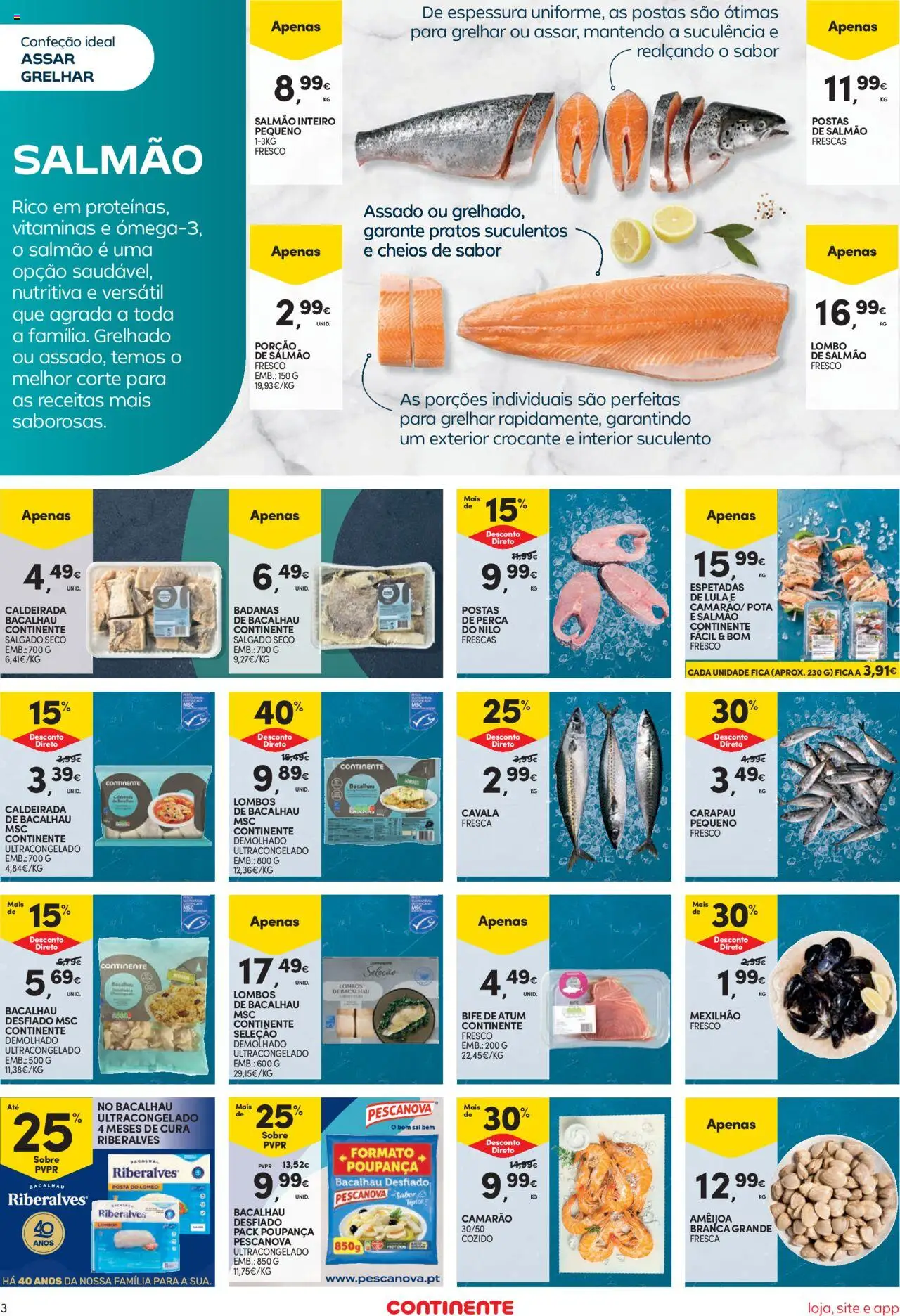 Continente Semanal Continente Bom Dia │ válido de 19.08.2025 | Página: 3 | Produtos: Atum, Bacalhau, Pratos, Salmão