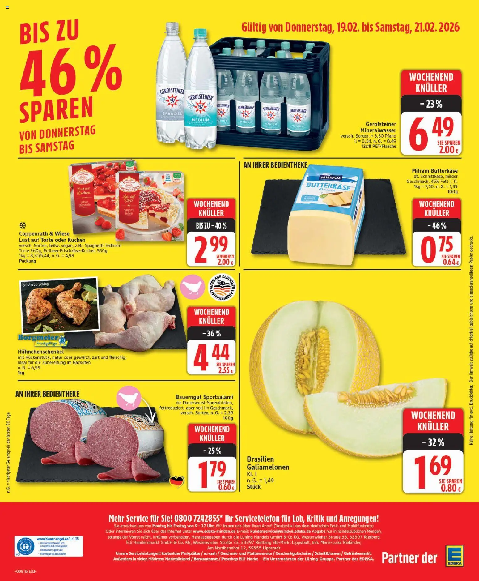Elli Markt Prospekt 	 – gültig ab 16.02.2026 | Seite: 16 | Produkte: Hahnchenschenkel, Mineralwasser, Kuchen, Gerolsteiner