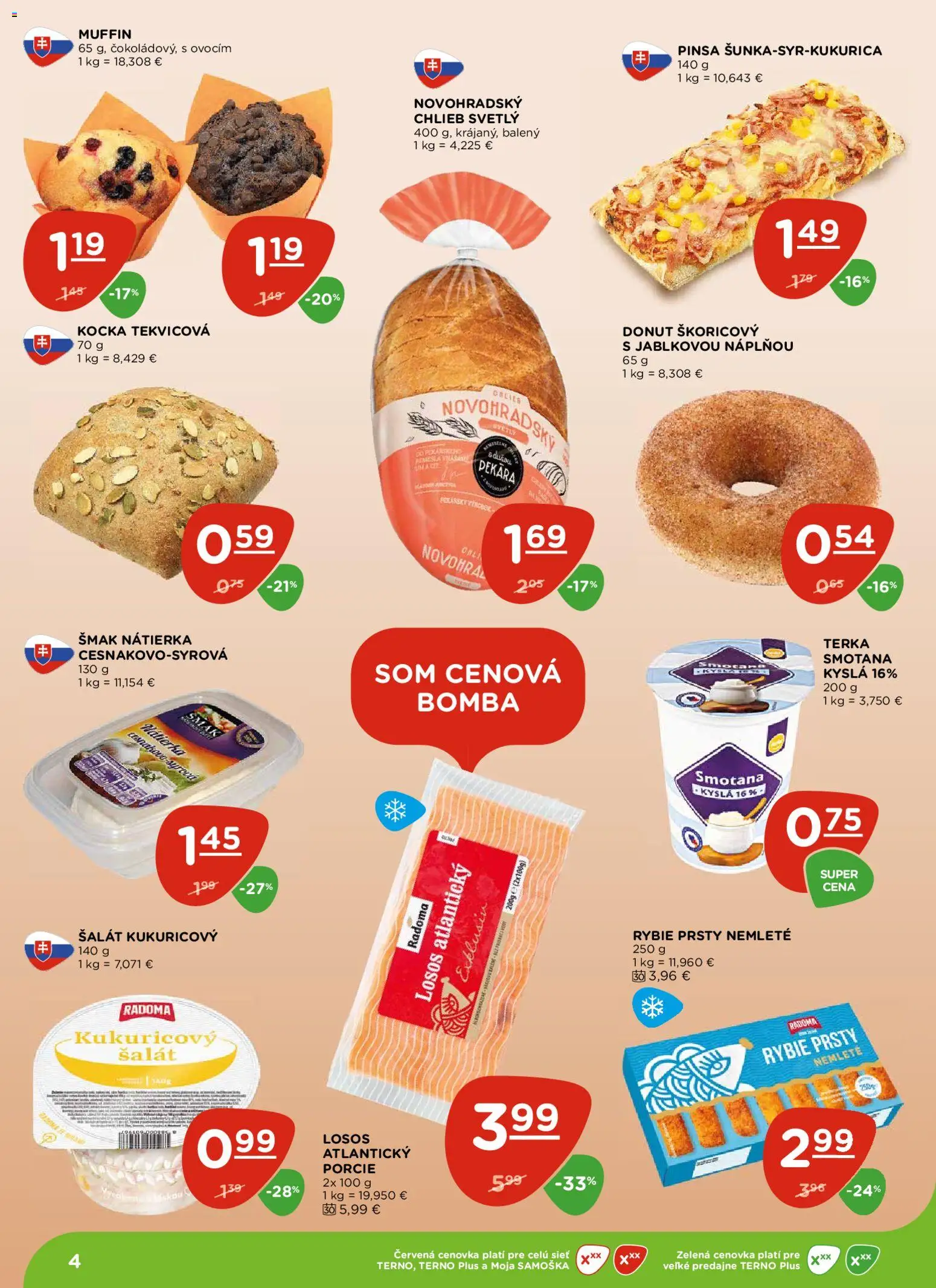 Nové Terno akcie – leták je platný od 04.12.2025 | Strana: 4 | Produkty: Chlieb, Smotana, Losos, Šalát