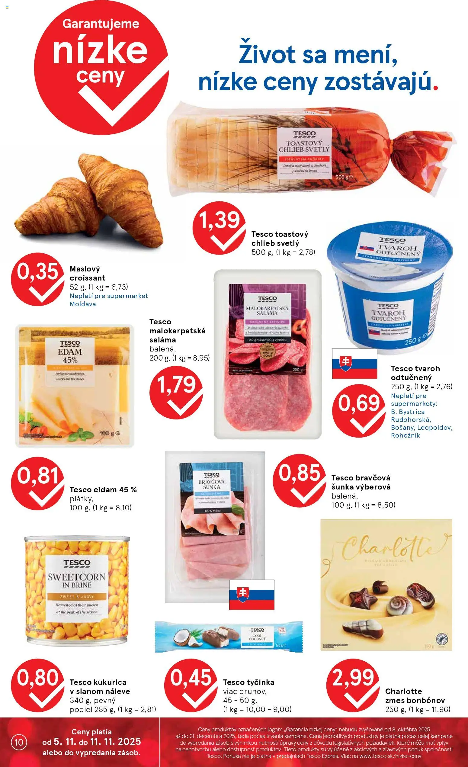 Nové Tesco akcie – leták je platný od 05.11.2025 | Strana: 10 | Produkty: Saláma, Šunka, Tvaroh, Kukurica