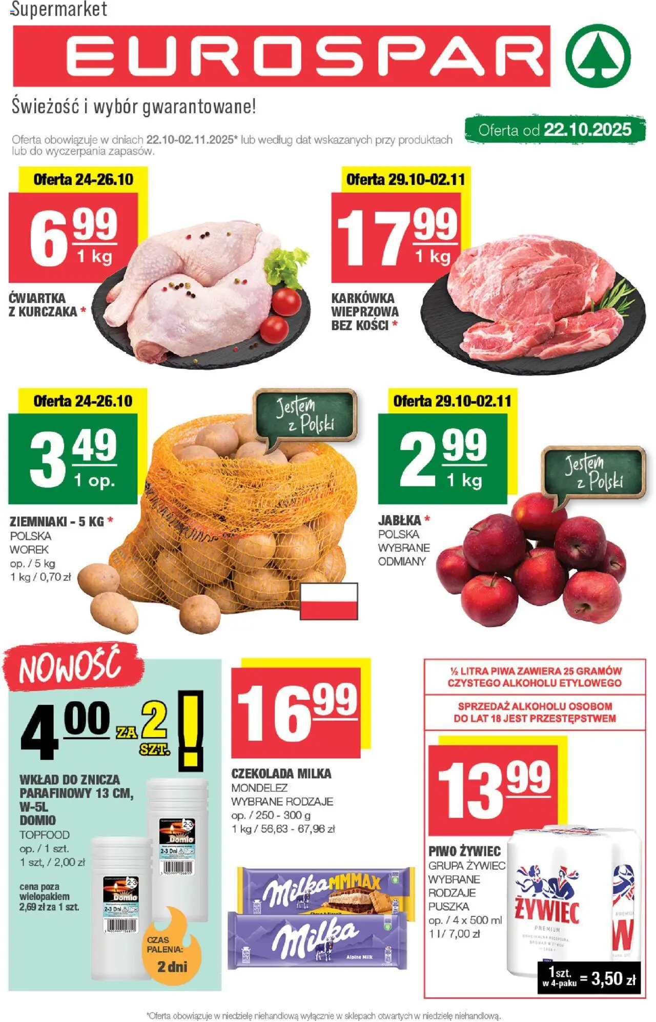 Spar Gazetka - Eurospar od 22.10.2025 | Strona: 1 | Produkty: Karkówka, Czekolada milka, Milka, Piwo