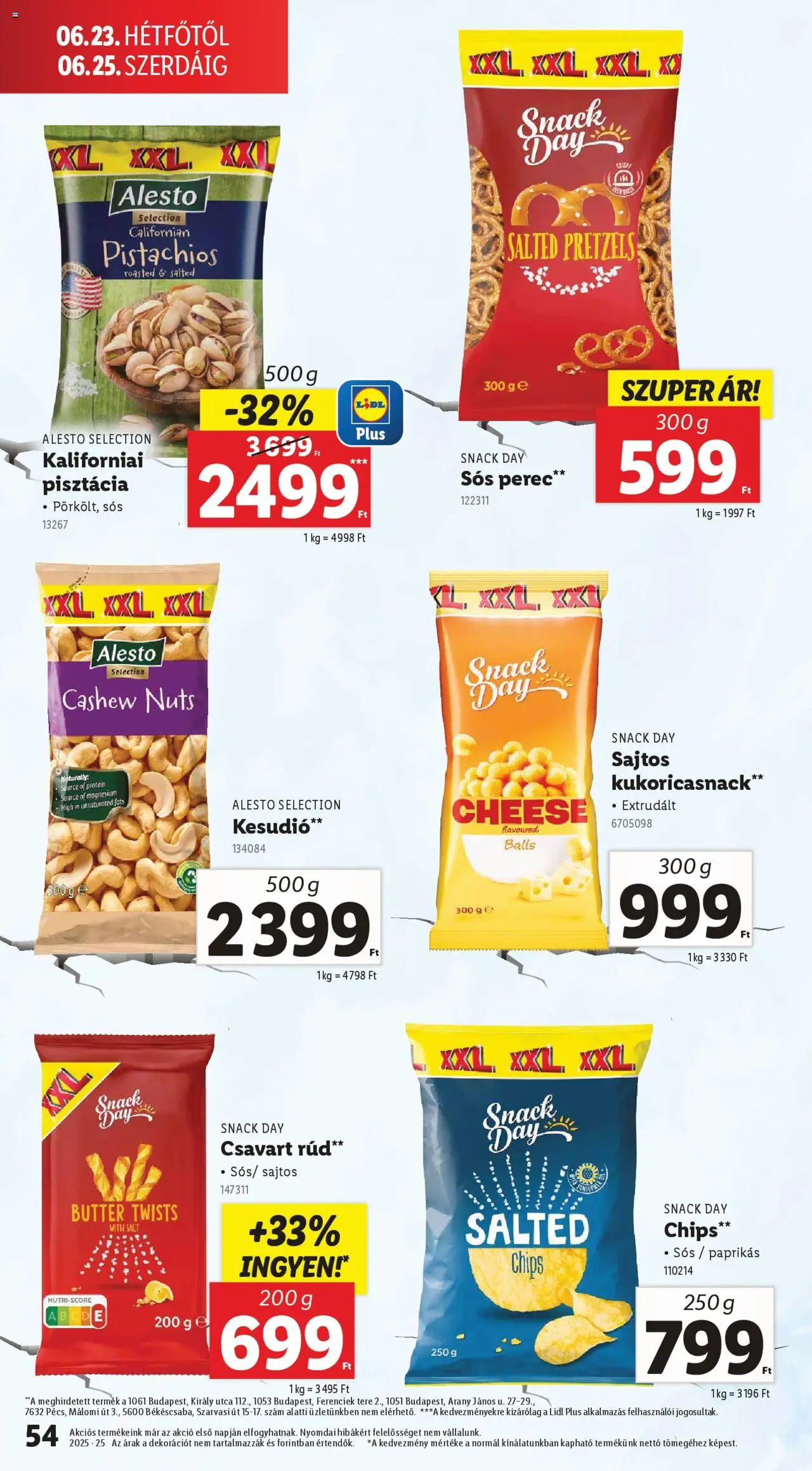 Lidl akciós ujság - amely érvényes a következő dátumtól: 19.06.2025 | Oldal: 54 | Termékek: Chips, Kesudió, Pisztácia, Protein