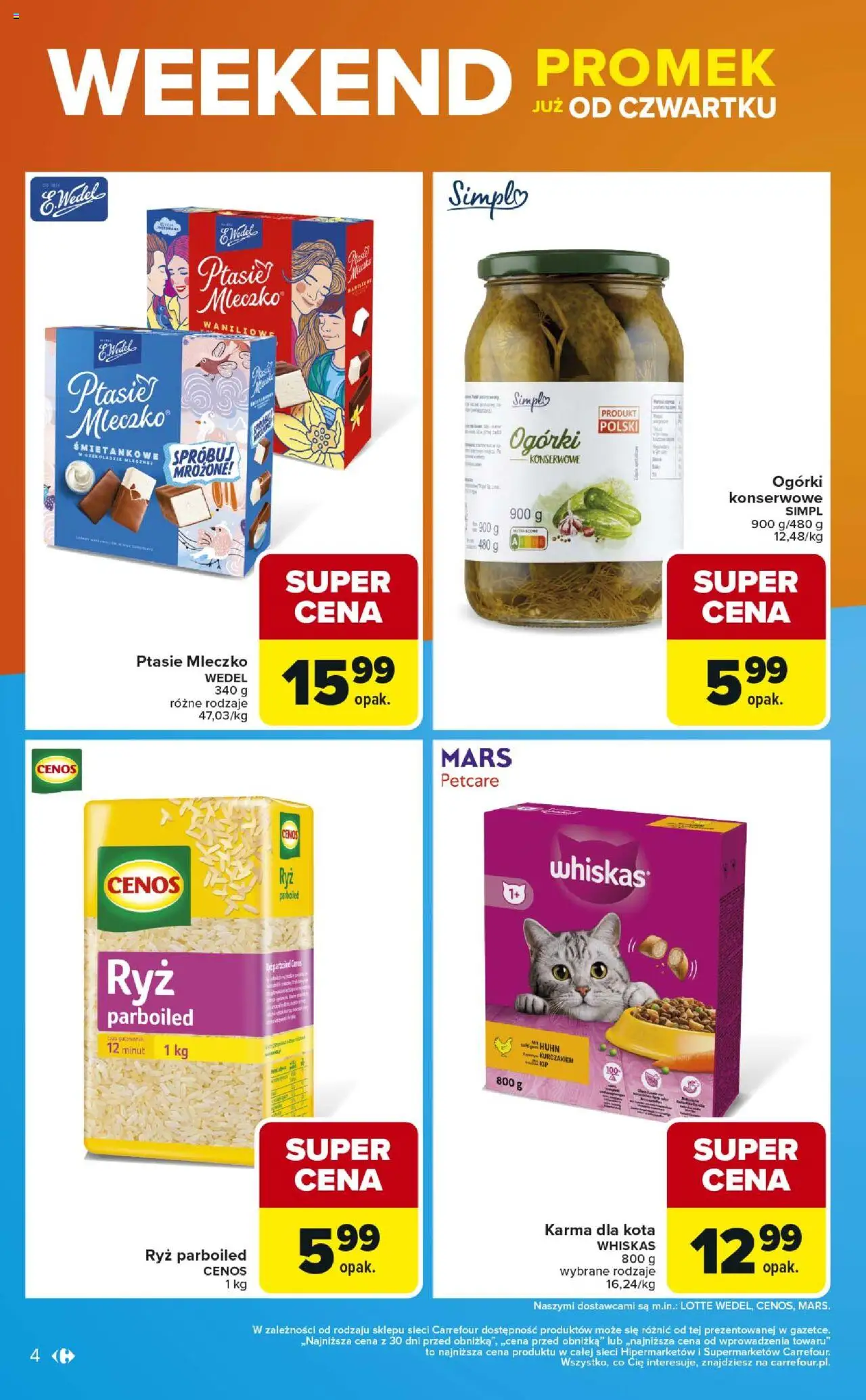 Carrefour Gazetka - Weekend promek już od czwartku od 18.09.2025 | Strona: 4 | Produkty: Ptasie mleczko, Karma dla kota, Ryż, Ogórki konserwowe