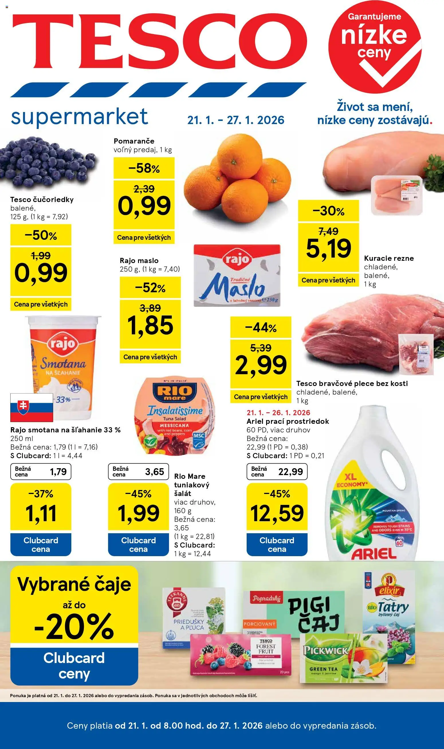 Nové Tesco akcie – leták je platný od 21.01.2026 | Strana: 1 | Produkty: Rio Mare, Kuracie rezne, Ariel, Šalát