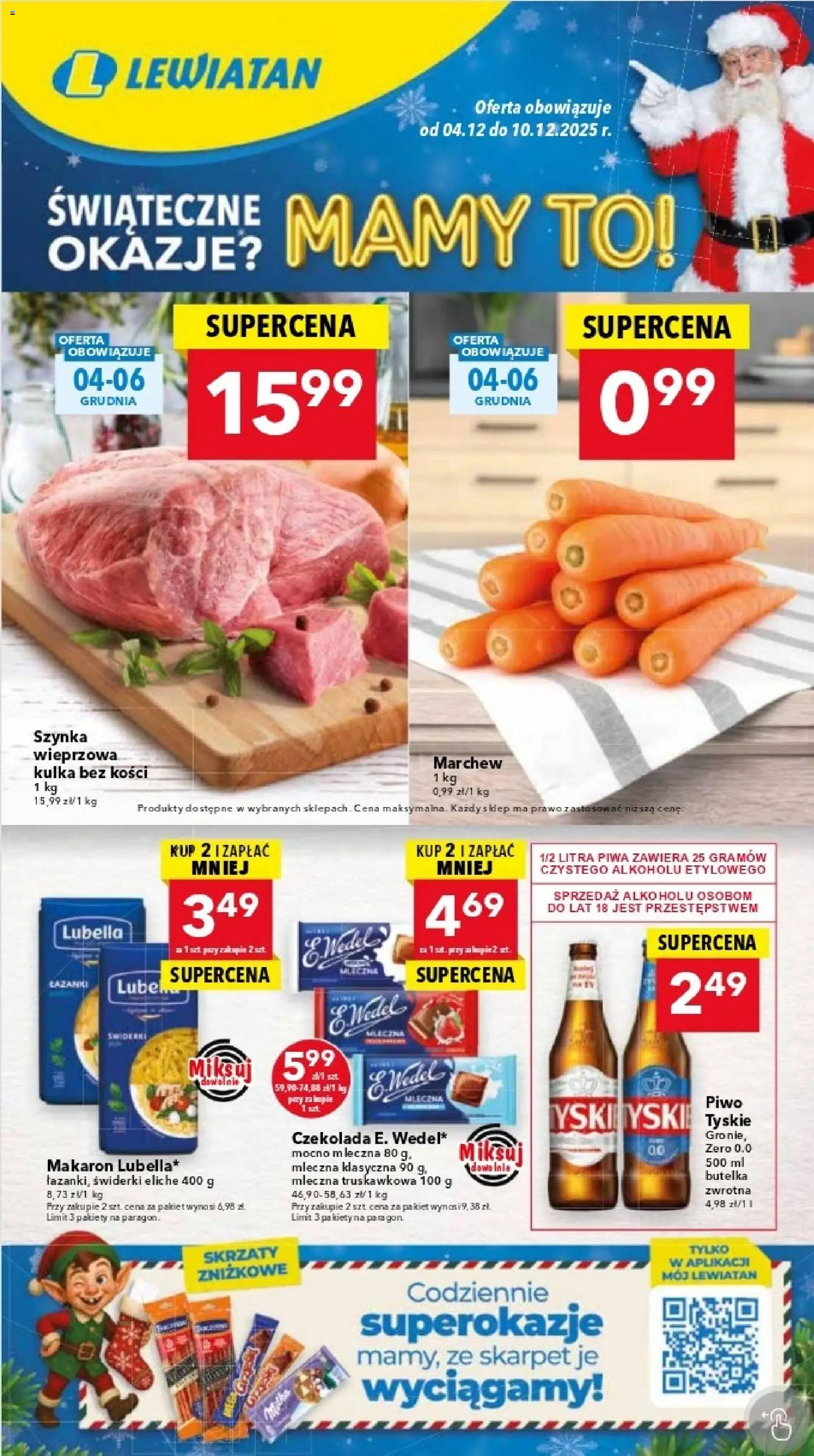 Lewiatan gazetka - Katowice od 04.12.2025 | Strona: 1 | Produkty: Szynka wieprzowa, Czekolada, Piwo, Makaron