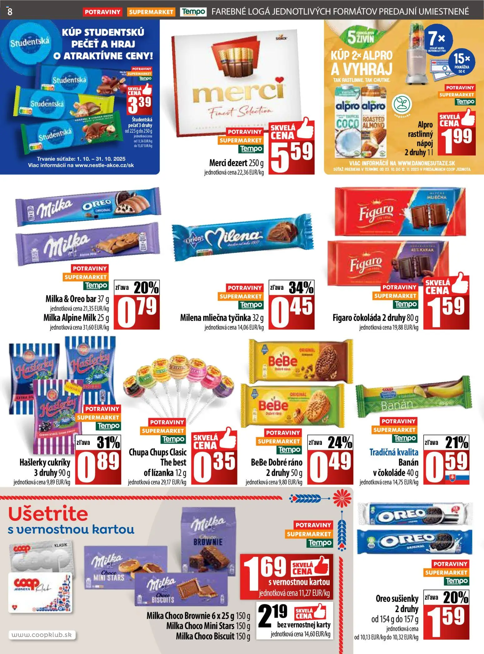 Nové COOP Jednota akcie – leták je platný od 23.10.2025 | Strana: 8 | Produkty: Merci, Cukríky, Milka, Alpro