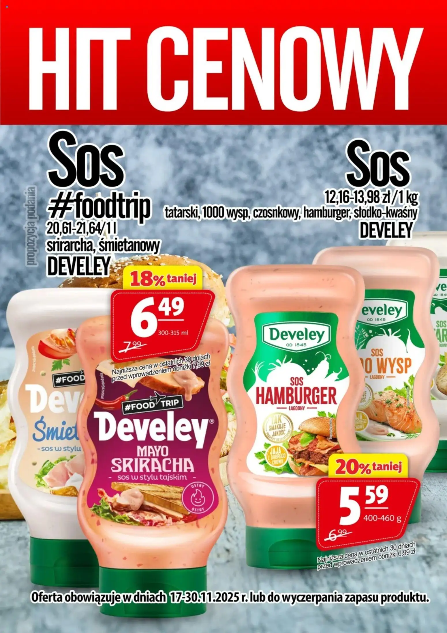 Prim Market Promocja - Sos Develey od 17.11.2025 | Strona: 1 | Produkty: Hamburger, Sriracha, Sos