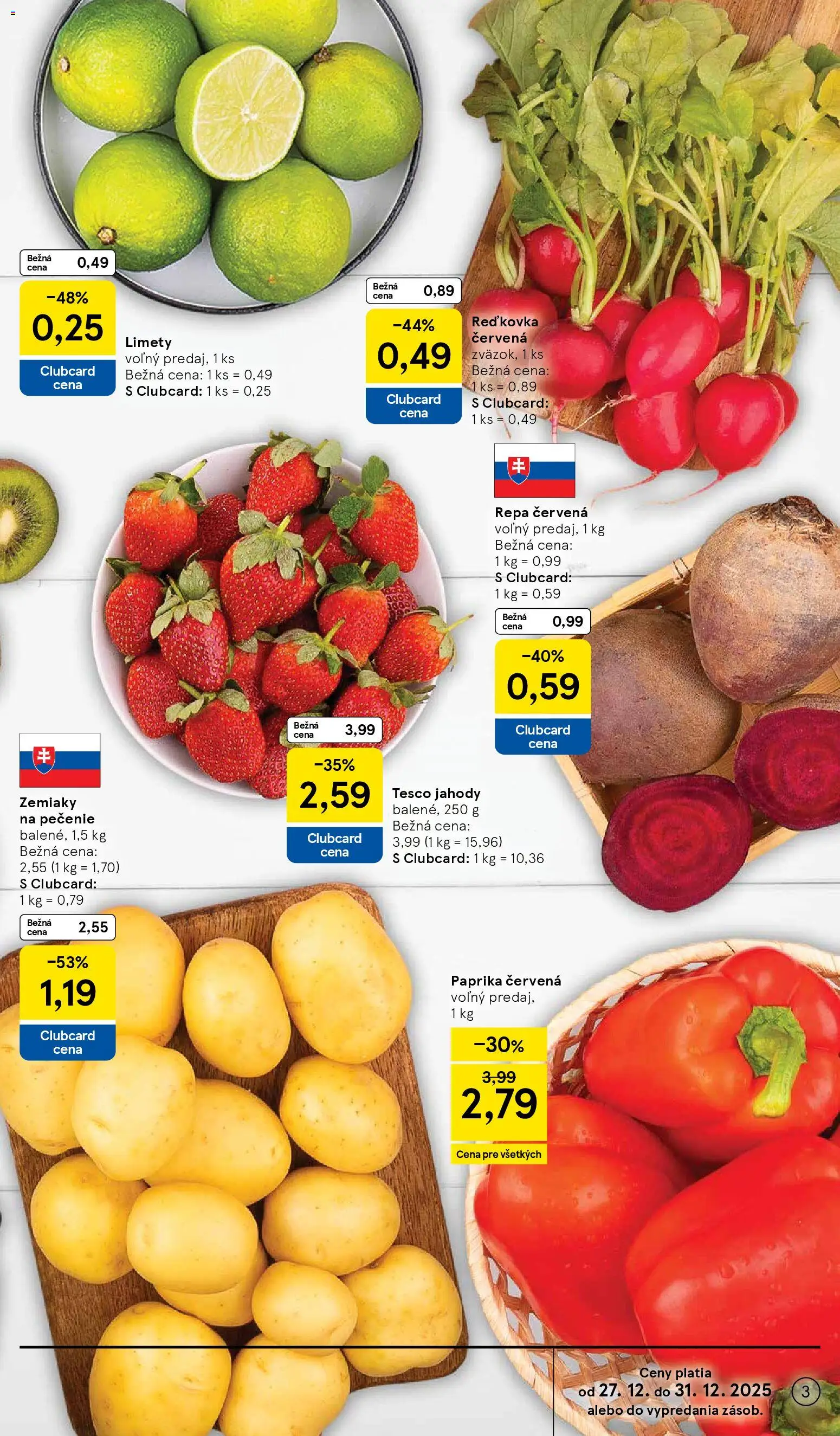 Nové Tesco akcie – leták je platný od 27.12.2025 | Strana: 3 | Produkty: Paprika, Jahody, Zemiaky