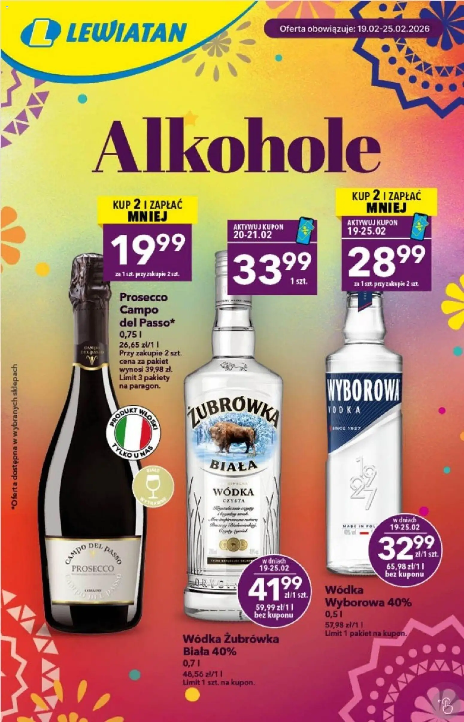 Lewiatan gazetka - Alkohole od 19.02.2026 | Strona: 1 | Produkty: Żubrówka, Vodka, Wódka, Prosecco