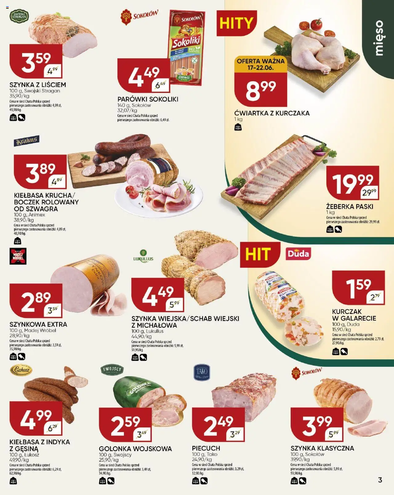 Chata Polska Gazetka od 17.06.2025 | Strona: 3 | Produkty: Kiełbasa, Kurczak, Mięso, Szynka
