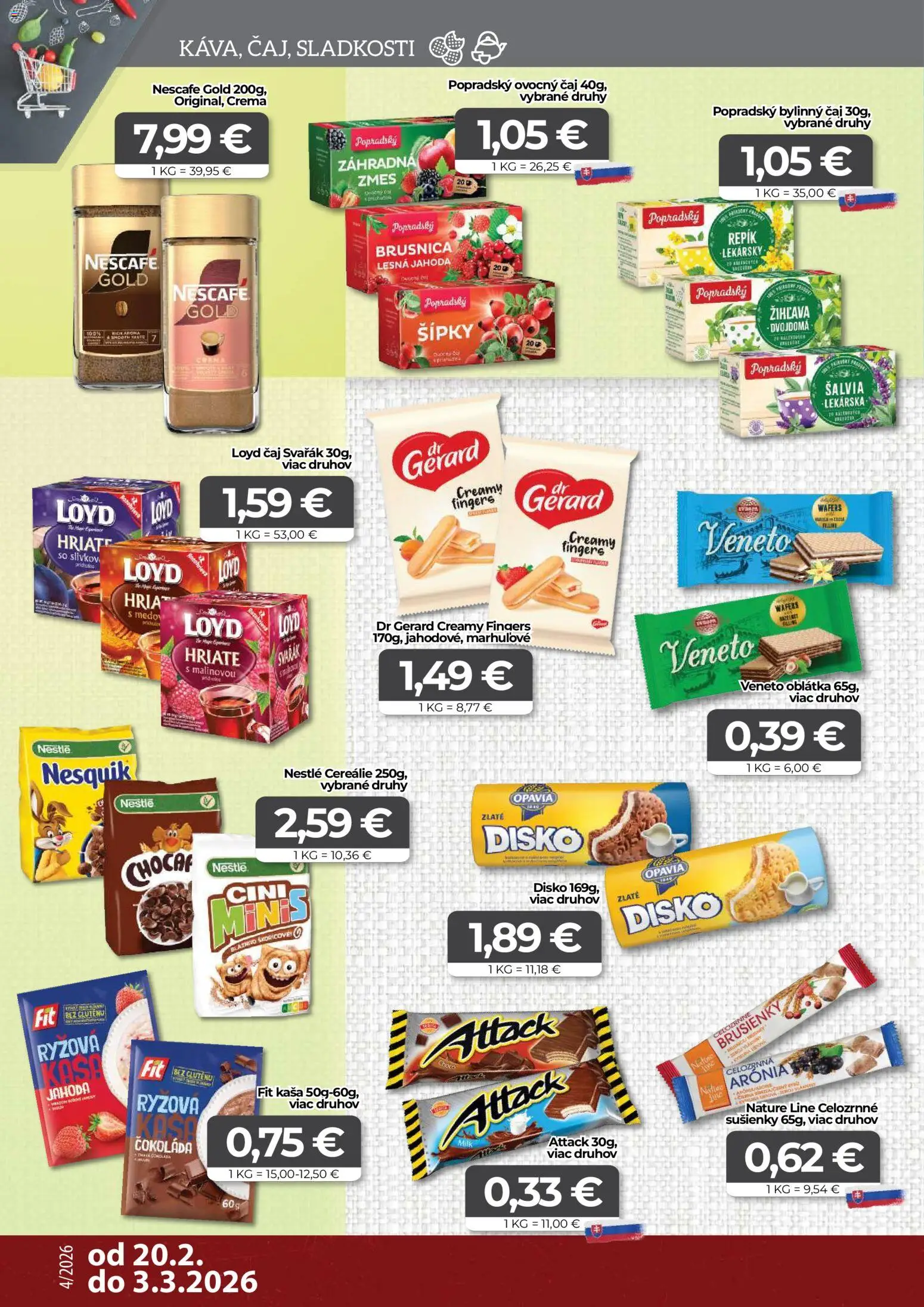 Nové CBA Komfos akcie – leták je platný od 20.02.2026 | Strana: 10 | Produkty: Čaj, Cereálie, Nescafé Gold, Nesquik