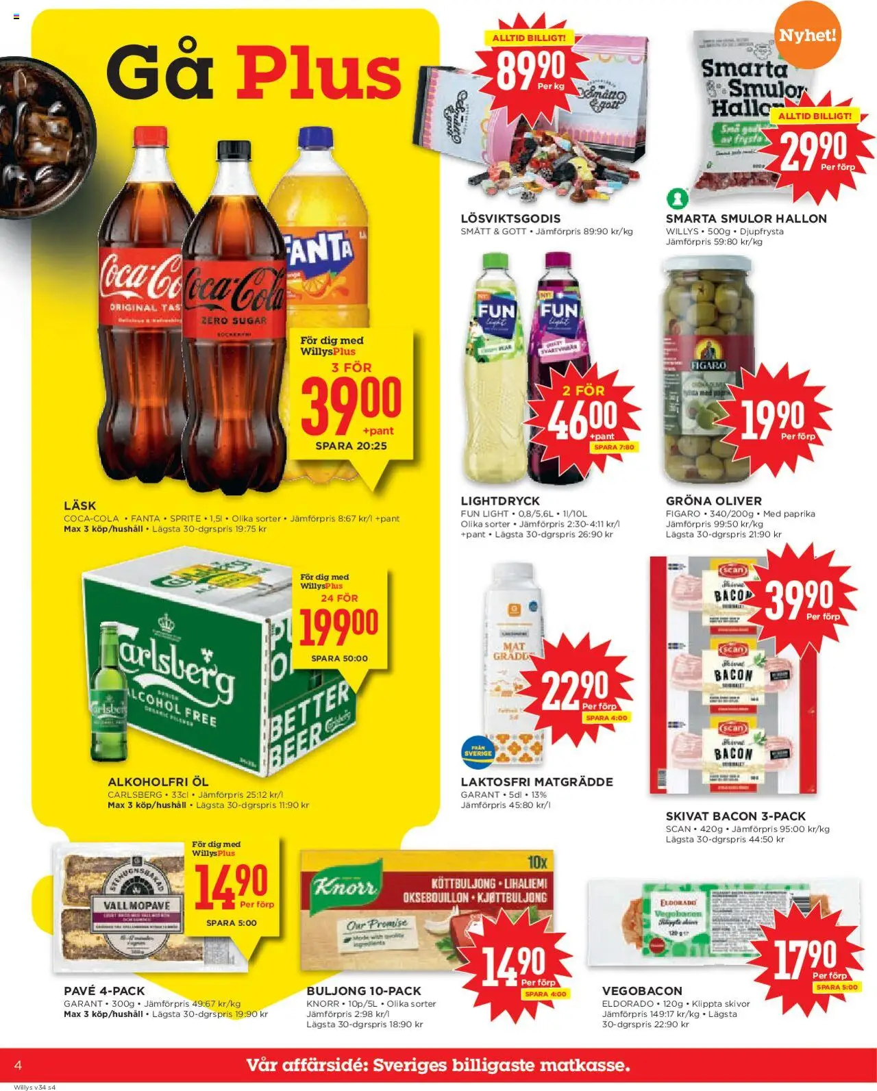 Willys reklamblad aktuell från 18.08.2025 | Sida: 4 | Produkter: Oliver, Bacon, Köttbuljong, Hallon