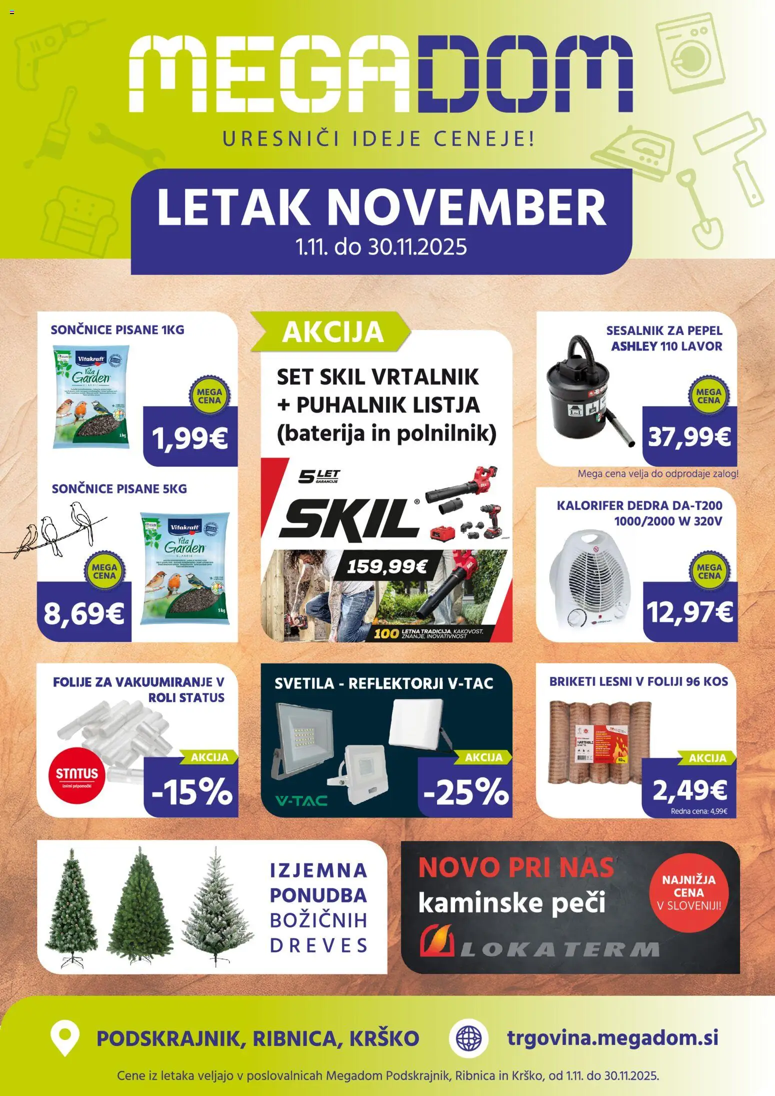 Novi Megadom katalog ponudbe – veljaven od 01.11.2025 | Stran: 1 | Izdelki: Kos, Polnilnik, Sesalnik, Vrtalnik