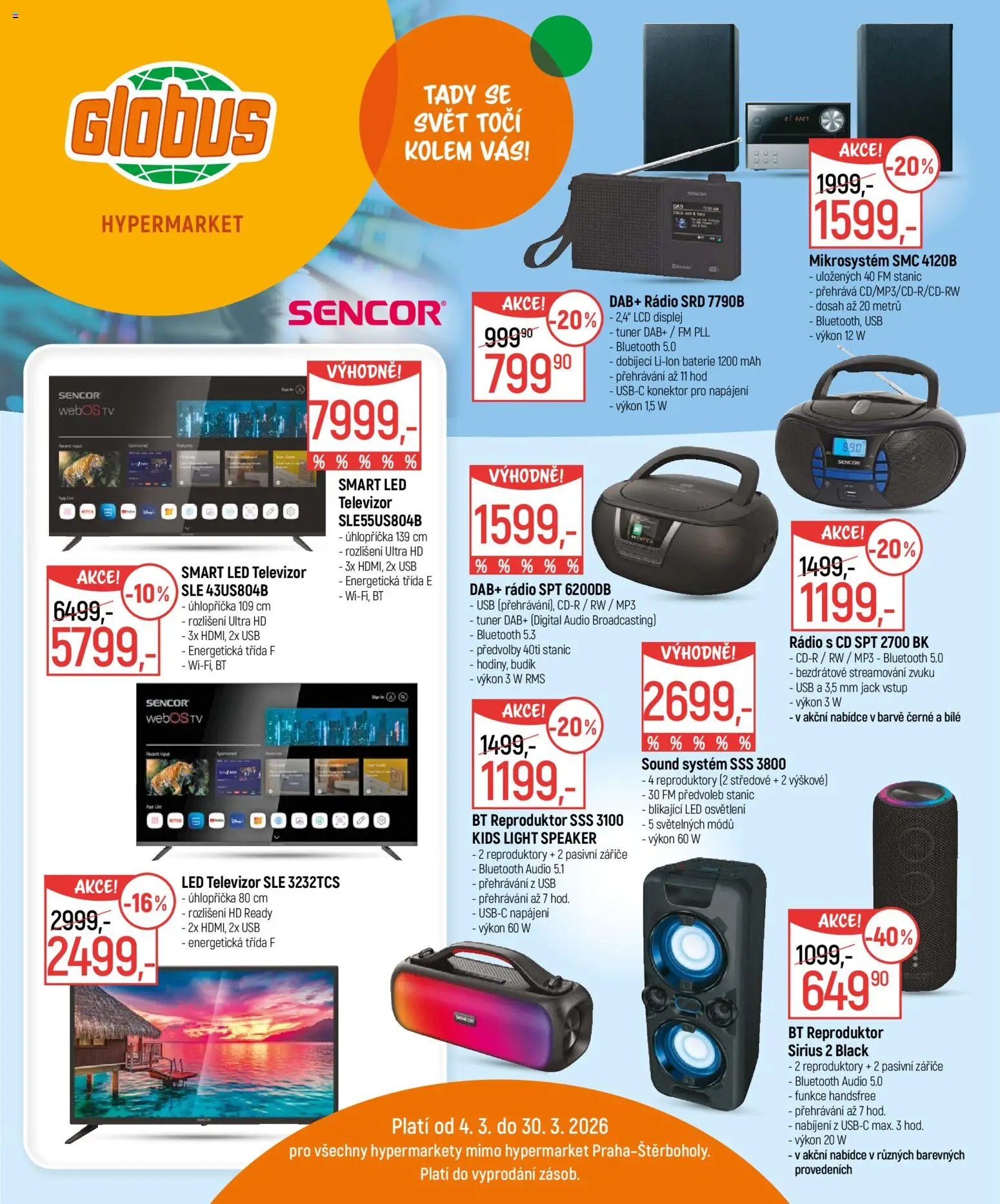Globus leták - Elektro od 04.03.2026 | Strana: 1 | Produkty: Rádio, MP3, Reproduktor, LED