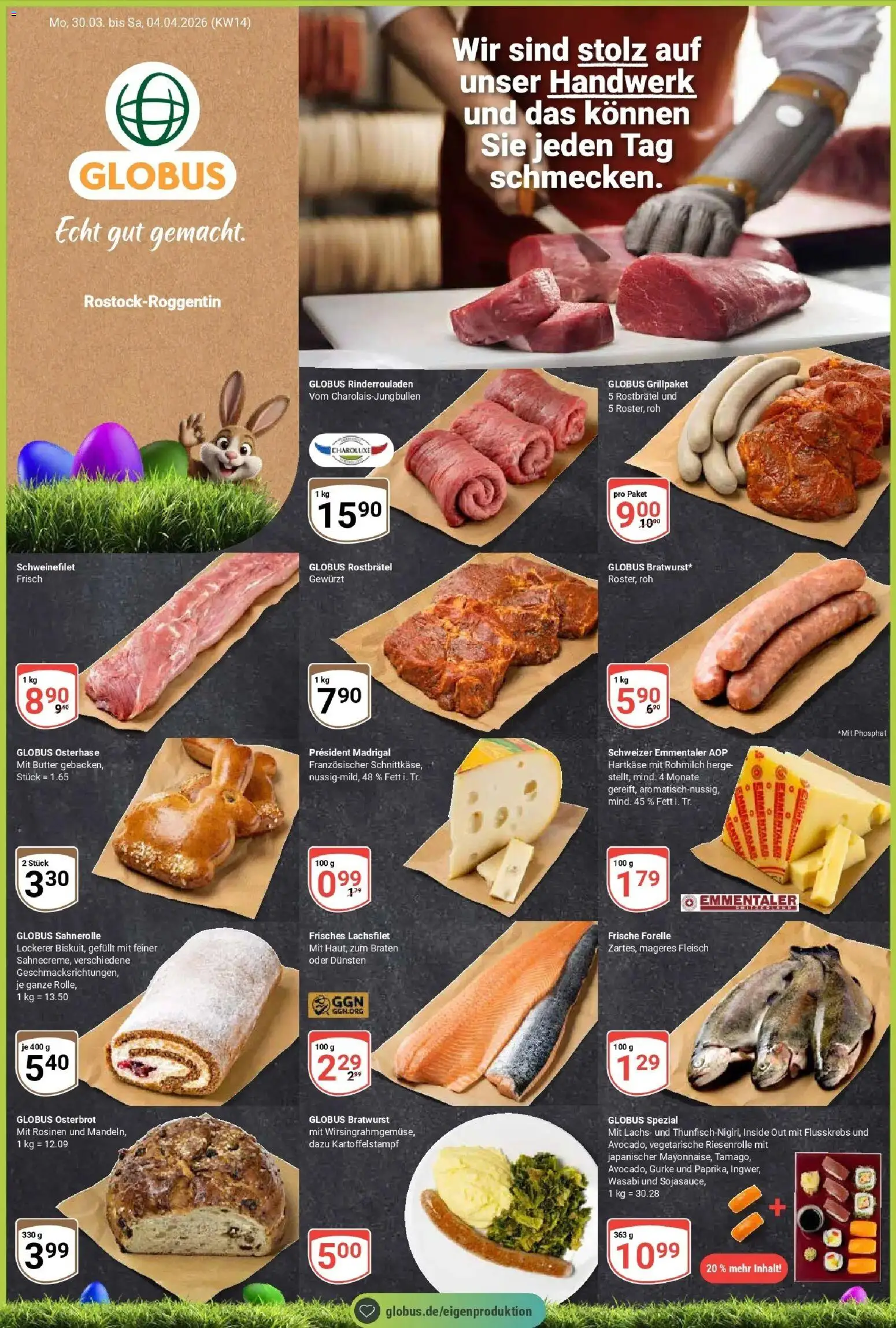 Globus prospekt Rostock	 – gültig ab 29.03.2026 | Seite: 1 | Produkte: Butter, Rosinen, Lachs, Fleisch