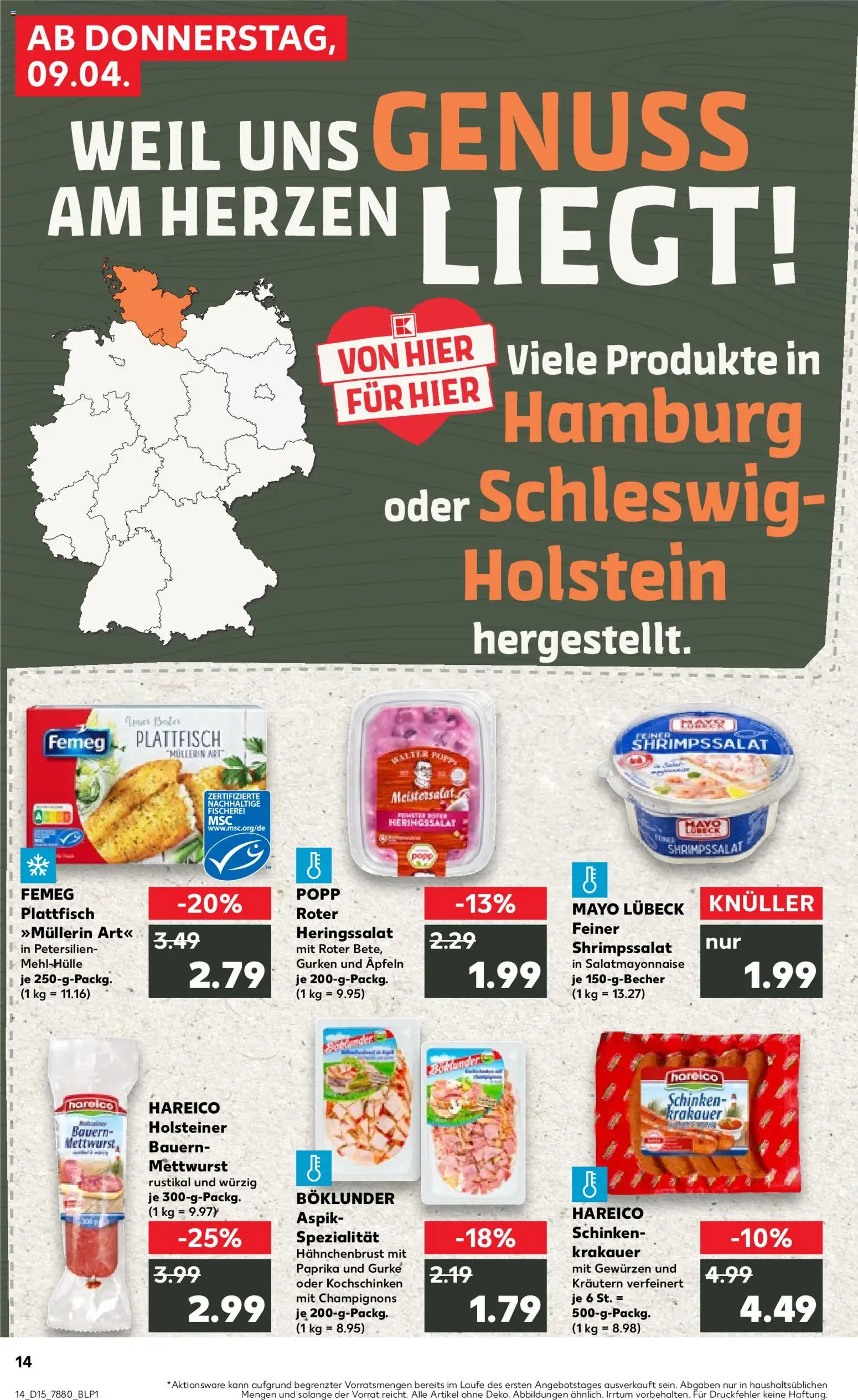 Kaufland Prospekt Hamburg	 – gültig ab 09.04.2026 | Seite: 14 | Produkte: Champignons, Schinken, Gurken, Hahnchenbrust