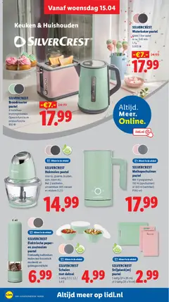 SILVERCREST Waterkoker pastel, Kookt 1 liter water in ca. 2:45 min, 1,7l, 3.000 W - Voorbeeld van een folder van Lidl, geldig van 13.04.2026 | Pagina: 34 | Producten: Melkopschuimer, Waterkoker, Toaster, Peper
