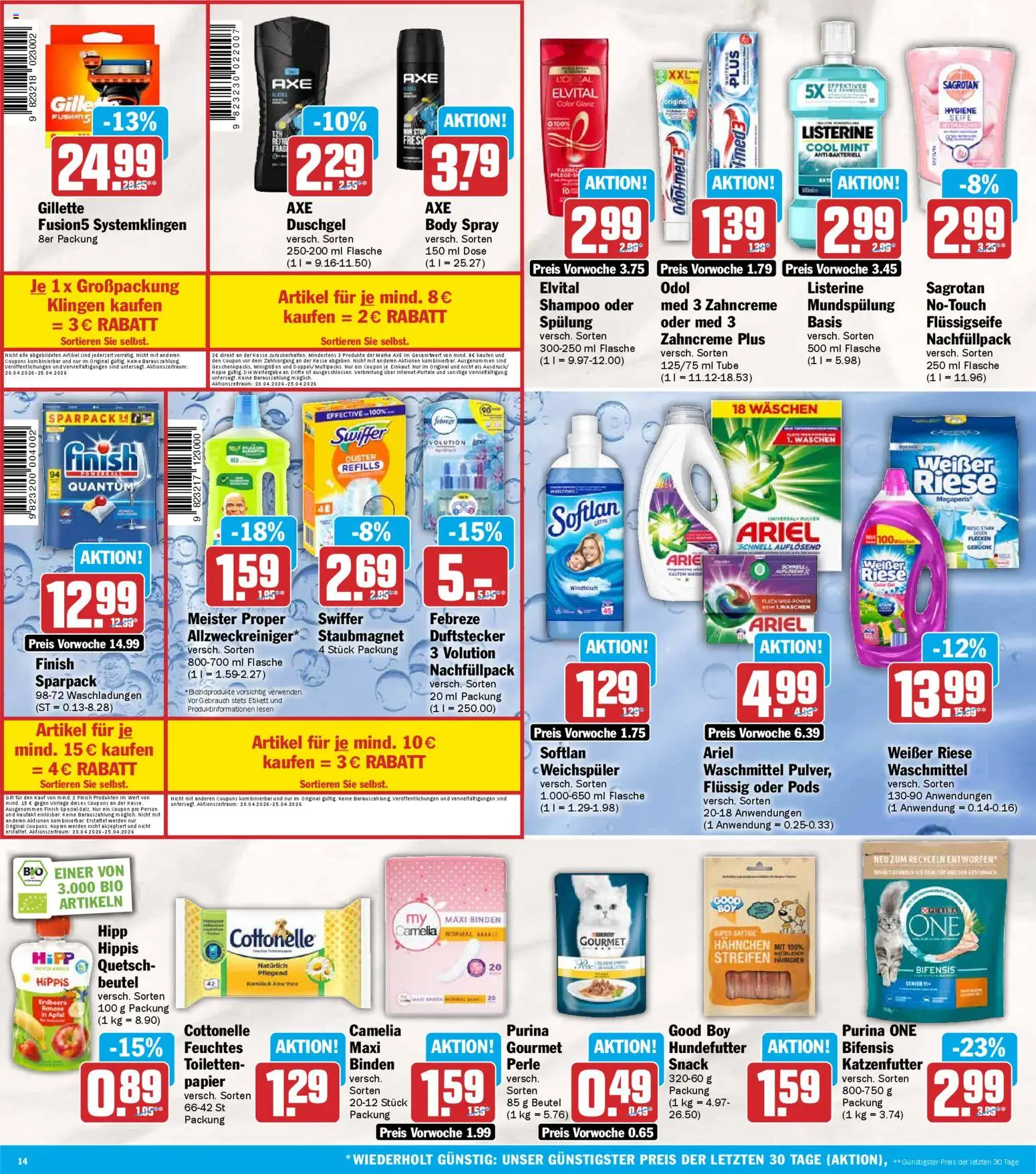 HIT Prospekt 	 – gültig ab 20.04.2026 | Seite: 14 | Produkte: Purina one, Äpfel, Axe, Swiffer