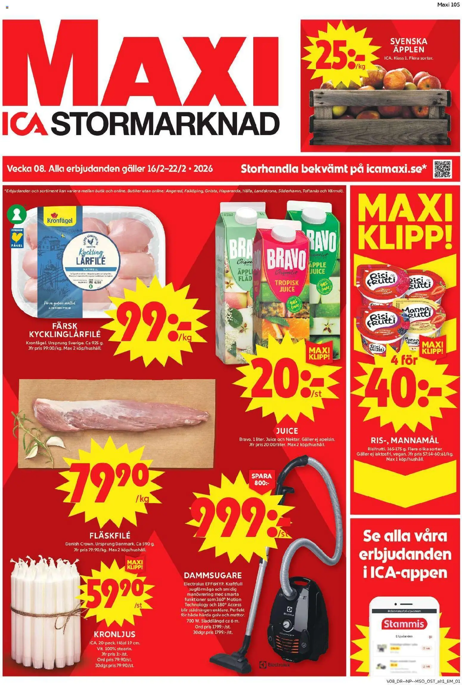 ICA Maxi reklamblad aktuell från 16.02.2026 | Sida: 1 | Produkter: Dammsugare, Galler, Juice, Äpplen