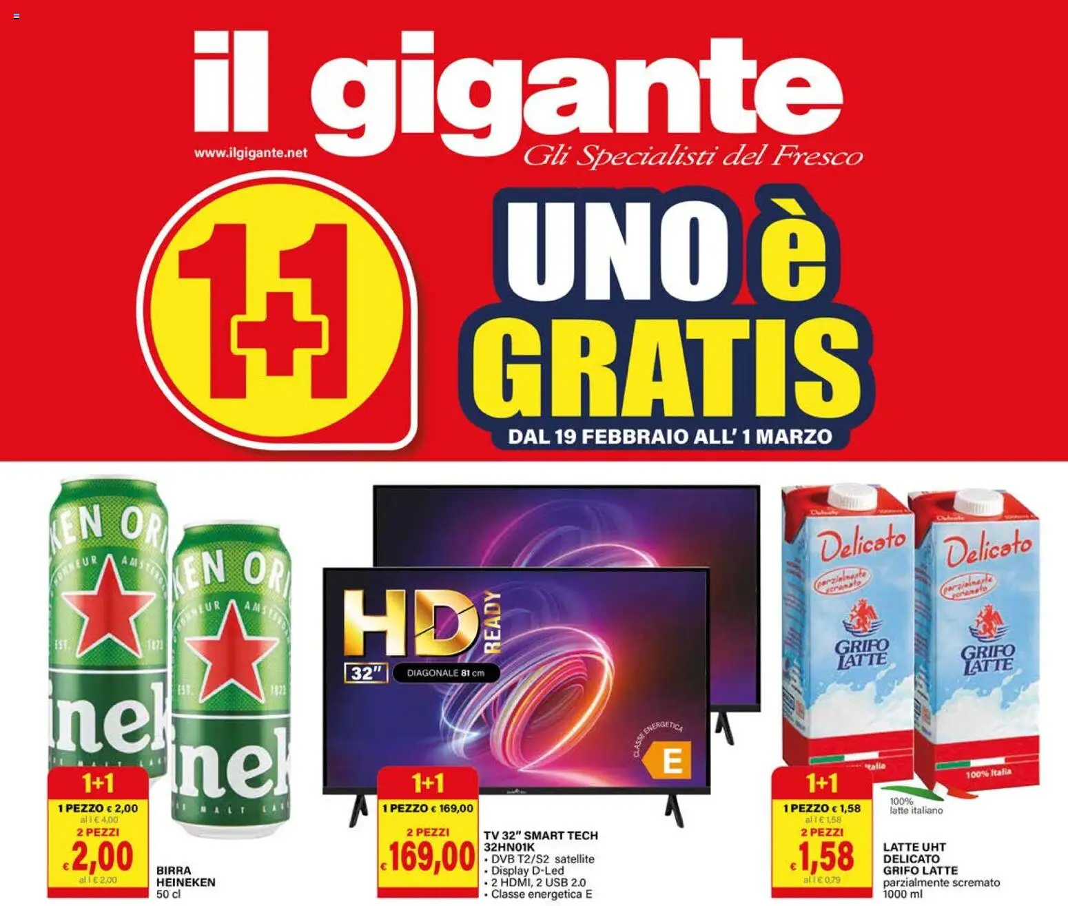 Volantino Il Gigante del 19.02.2026 | Pagina: 1 | Prodotti: Birra, Latte, TV, USB