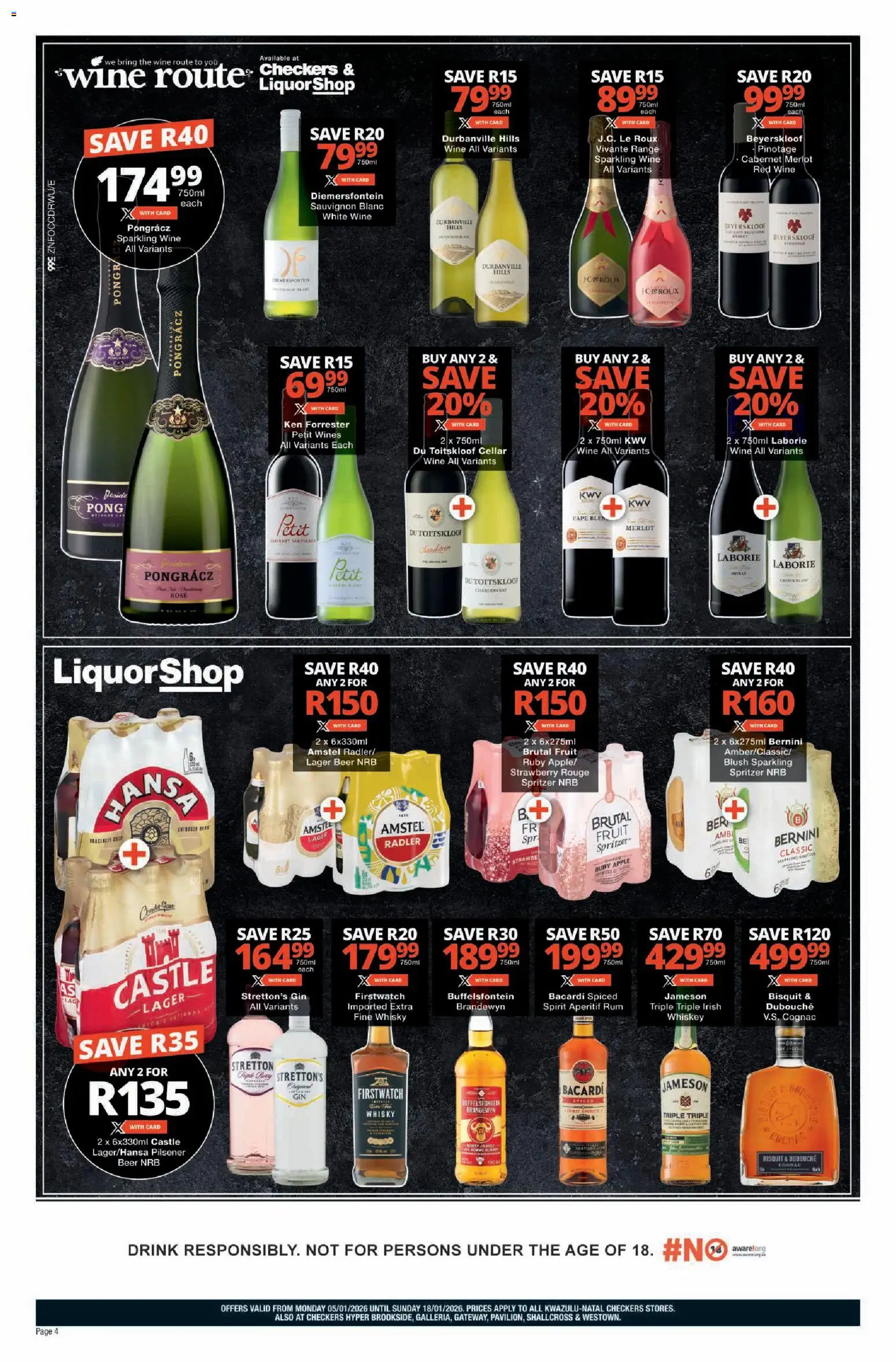 New Checkers catalogue – valid from 05.01.2026 | Page: 4 | Products: Rum, Wine, Fruit, Ensalada de quino