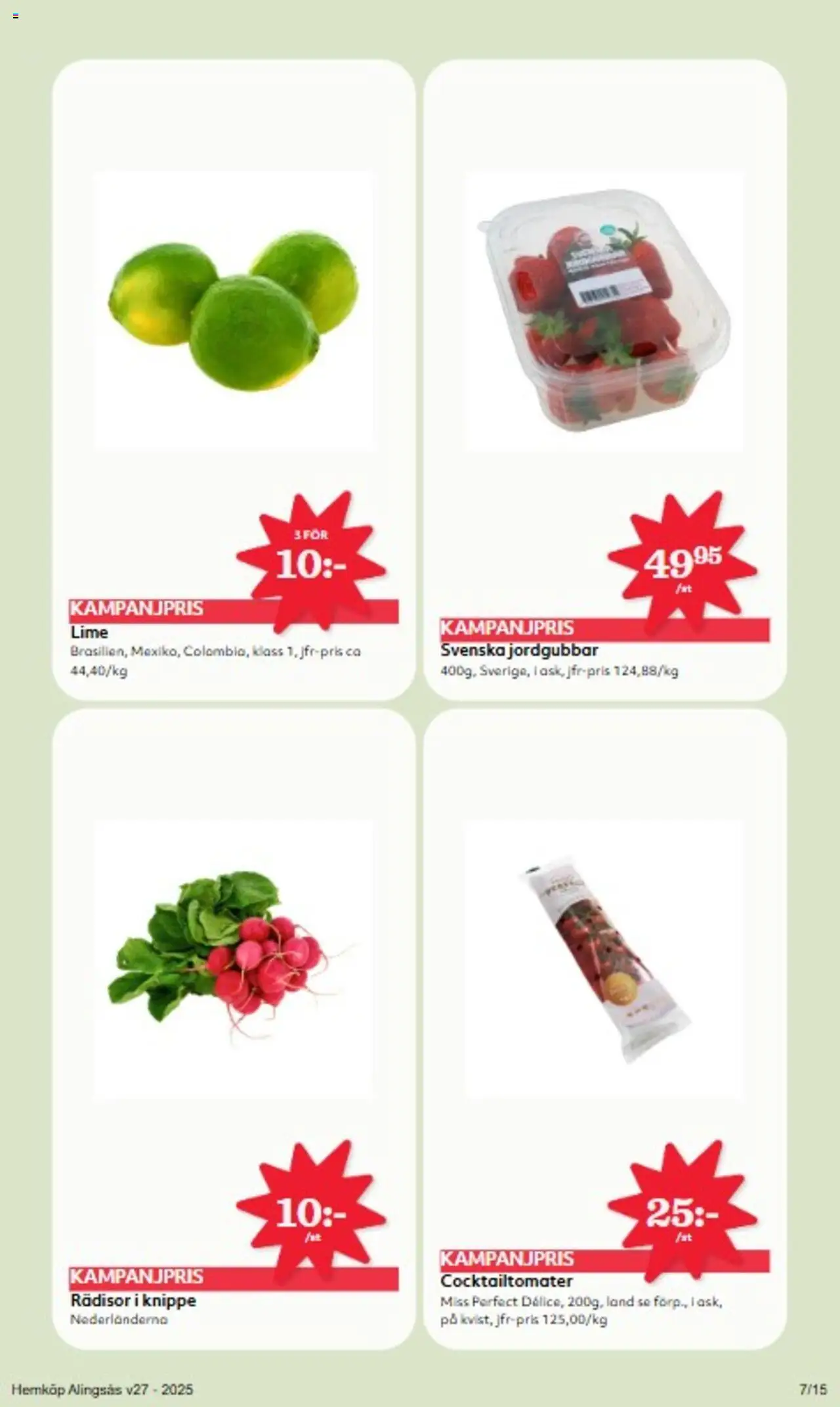 Hemköp reklamblad aktuell från 30.06.2025 | Sida: 7 | Produkter: Cocktailtomater, Jordgubbar, Lime