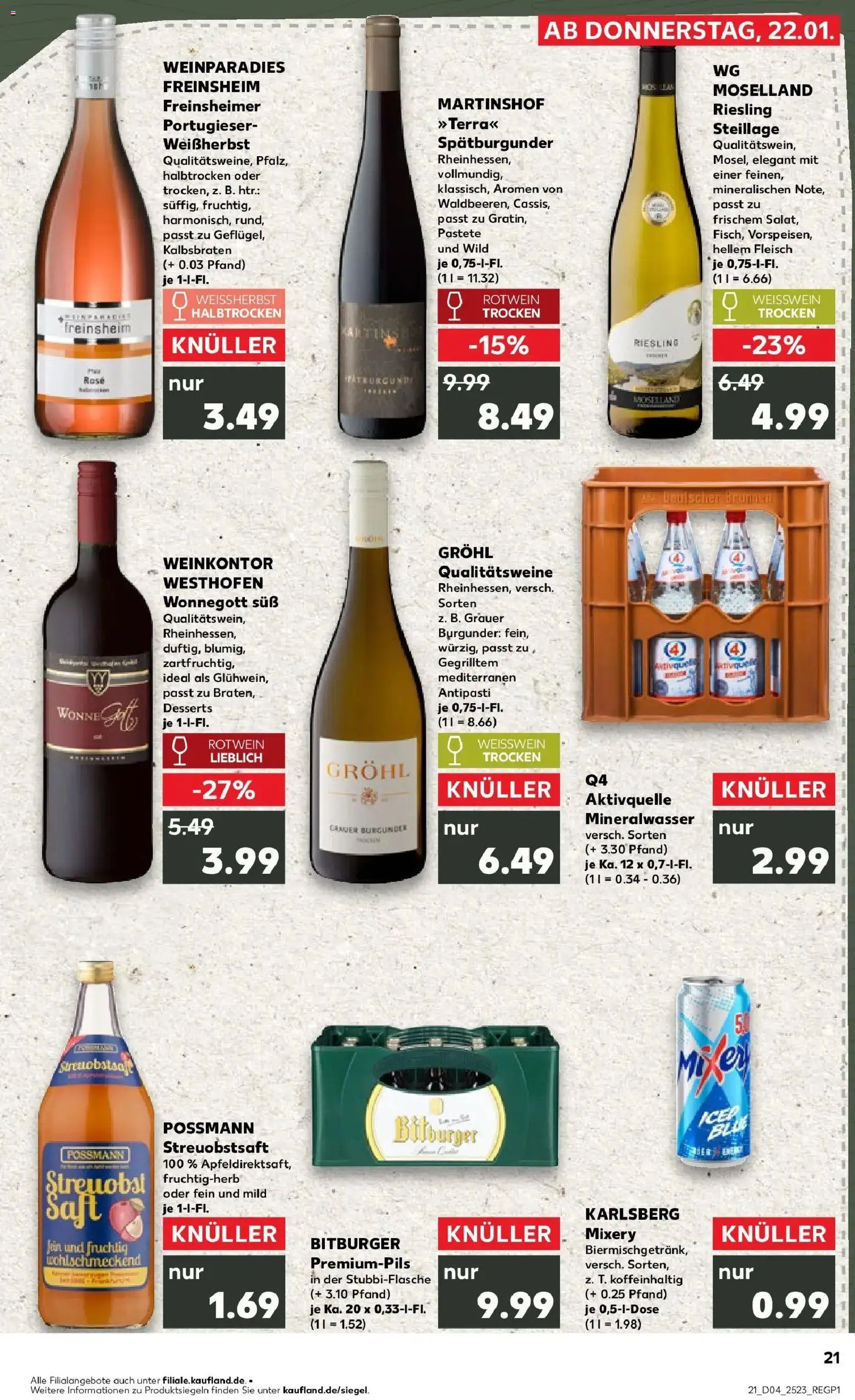 Kaufland prospekt Oppenheim	 – gültig ab 25.01.2026 | Seite: 21 | Produkte: Weißwein, Mineralwasser, Saft, Fleisch