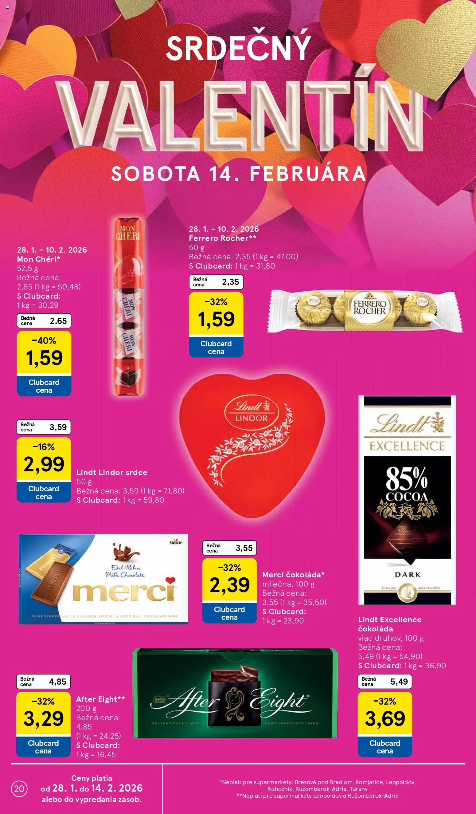Nové Tesco akcie – leták je platný od 28.01.2026 | Strana: 20 | Produkty: Lindt, Merci, Čokoláda, Ferrero Rocher