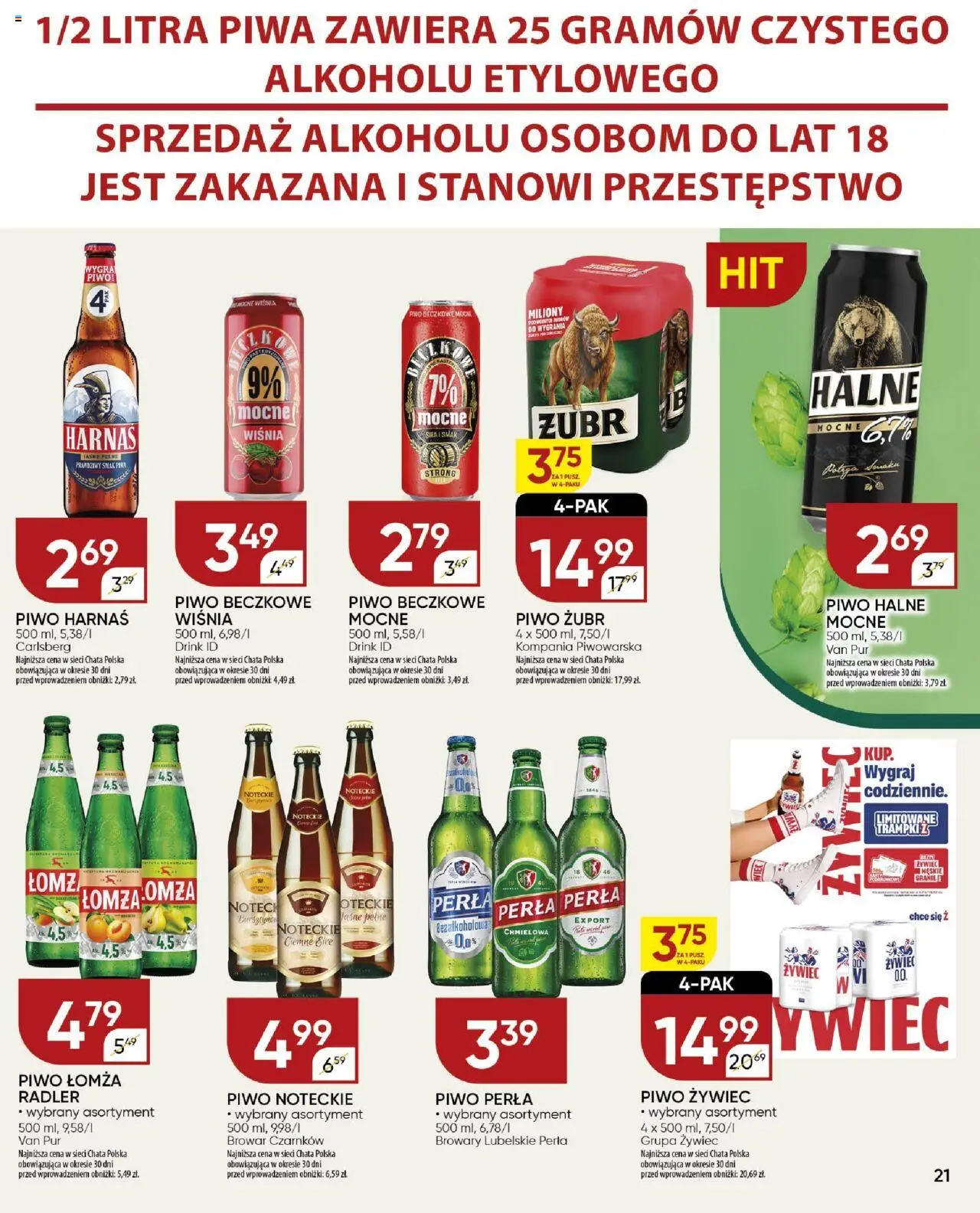 Chata Polska Gazetka od 31.07.2025 | Strona: 21 | Produkty: Piwo żubr, Piwo perła, Harnaś, Piwo