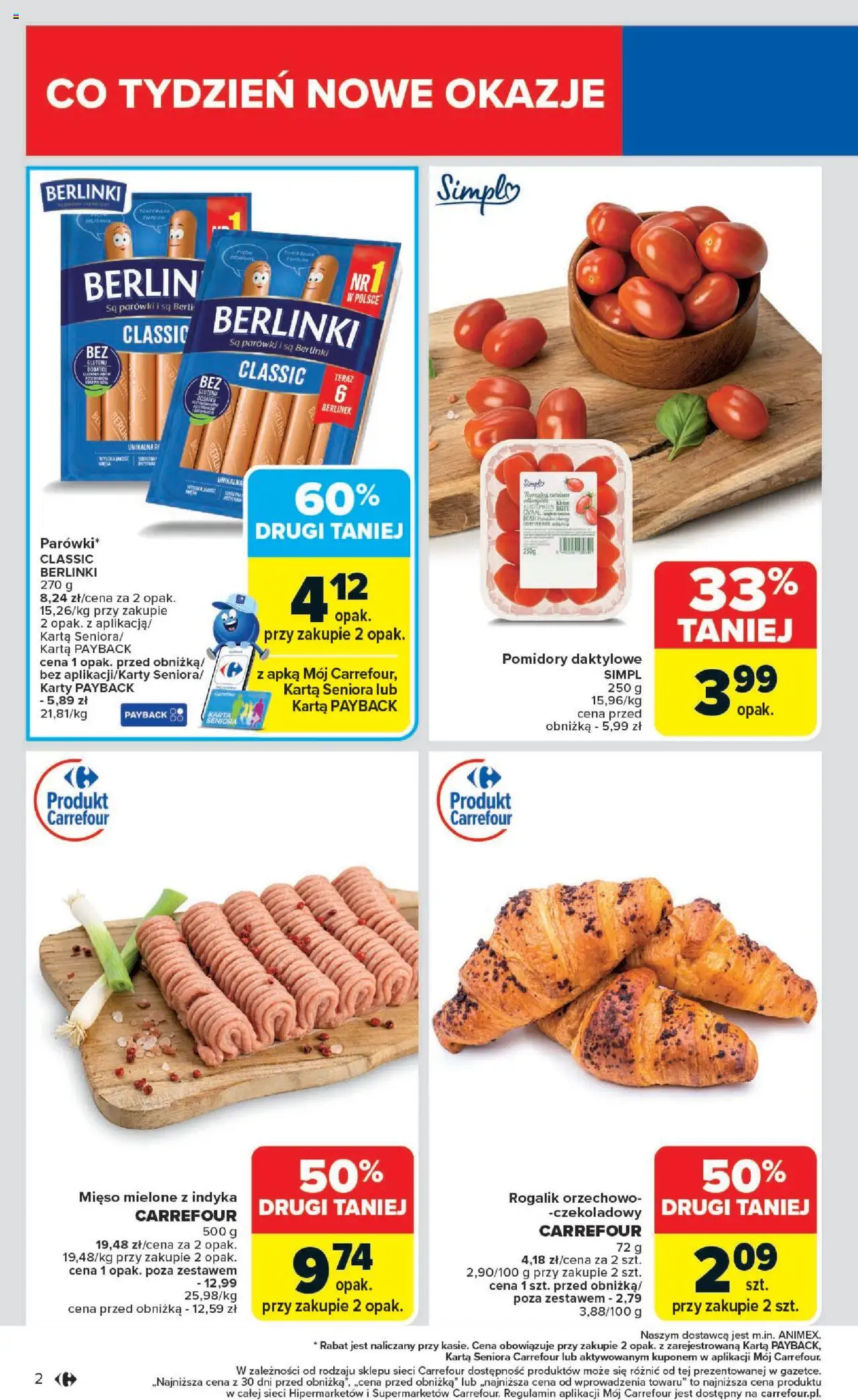 Carrefour Gazetka od 20.10.2025 | Strona: 4 | Produkty: Karta, Mięso, Parówki, Pomidory