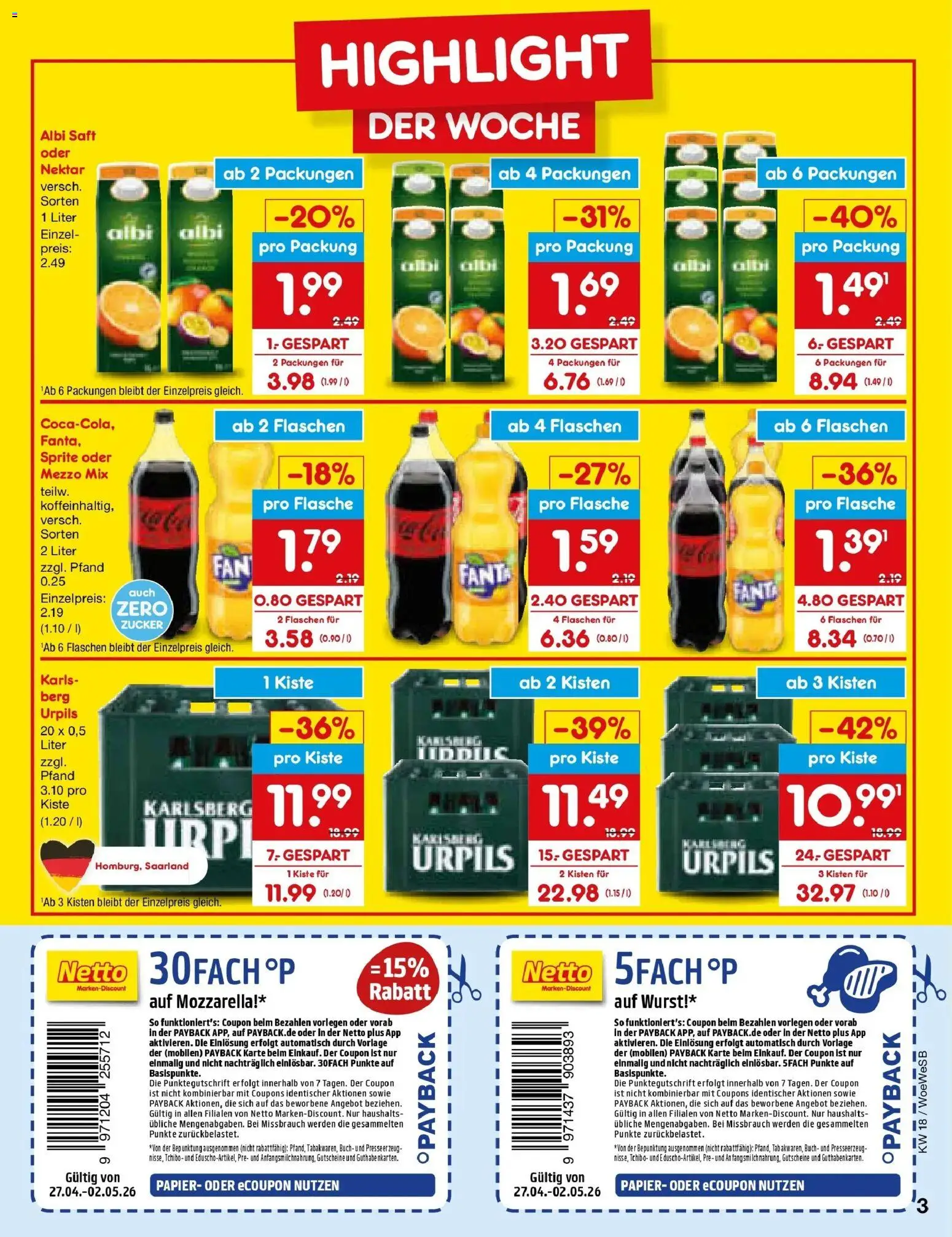 Netto Marken-Discount Prospekt Katzweiler	 – gültig ab 27.04.2026 | Seite: 3 | Produkte: Fanta, Sprite, Mozzarella, Saft