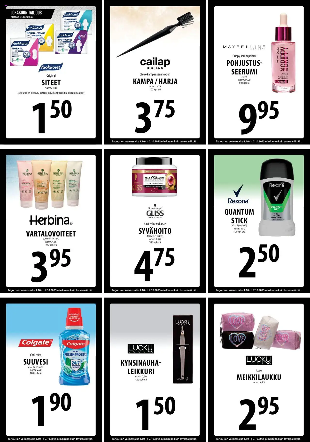 Tuuri tarjoukset – voimassa 01.10.2025 alkaen | Sivu: 13 | Tuotteet: Kampa, Suuvesi, Seerumi, Siteet