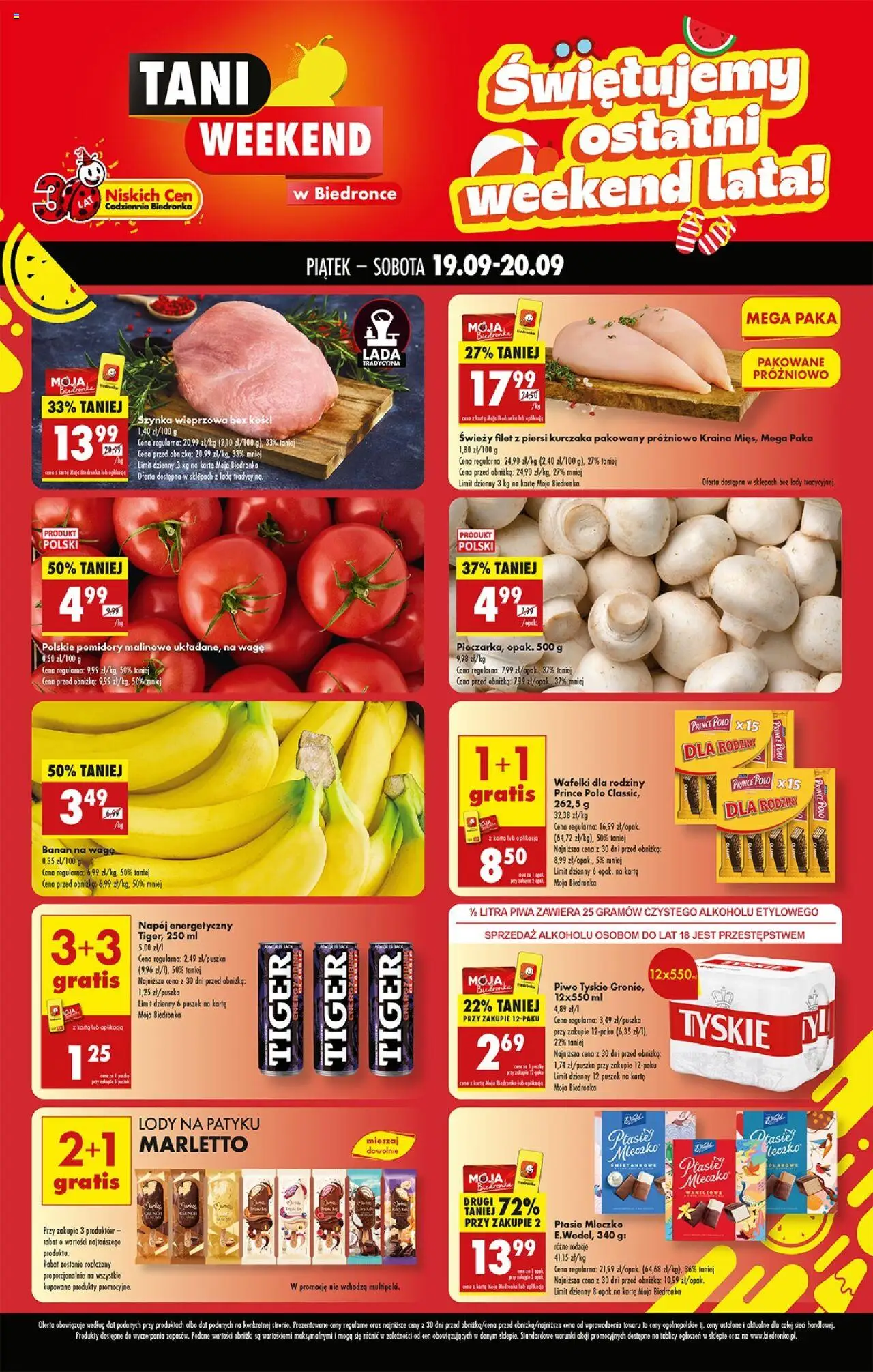 Biedronka gazetka - Tani weekend od 19.09.2025 | Strona: 1 | Produkty: Szynka wieprzowa, Lody na patyku, Tyskie, Filet z piersi kurczaka