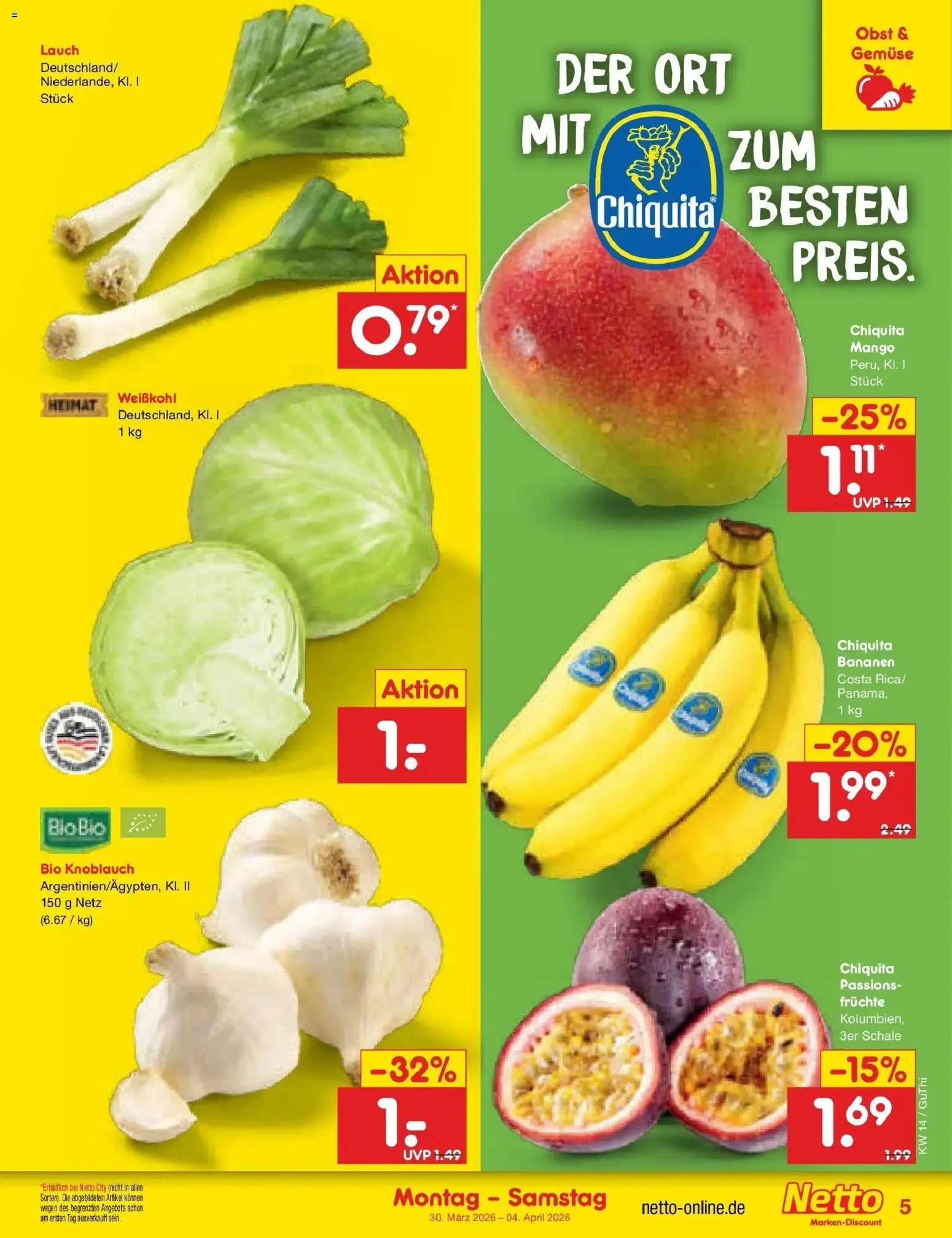 Netto Marken-Discount Prospekt Machern	 – gültig ab 30.03.2026 | Seite: 5 | Produkte: Bananen, Gemüse, Obst, Mango