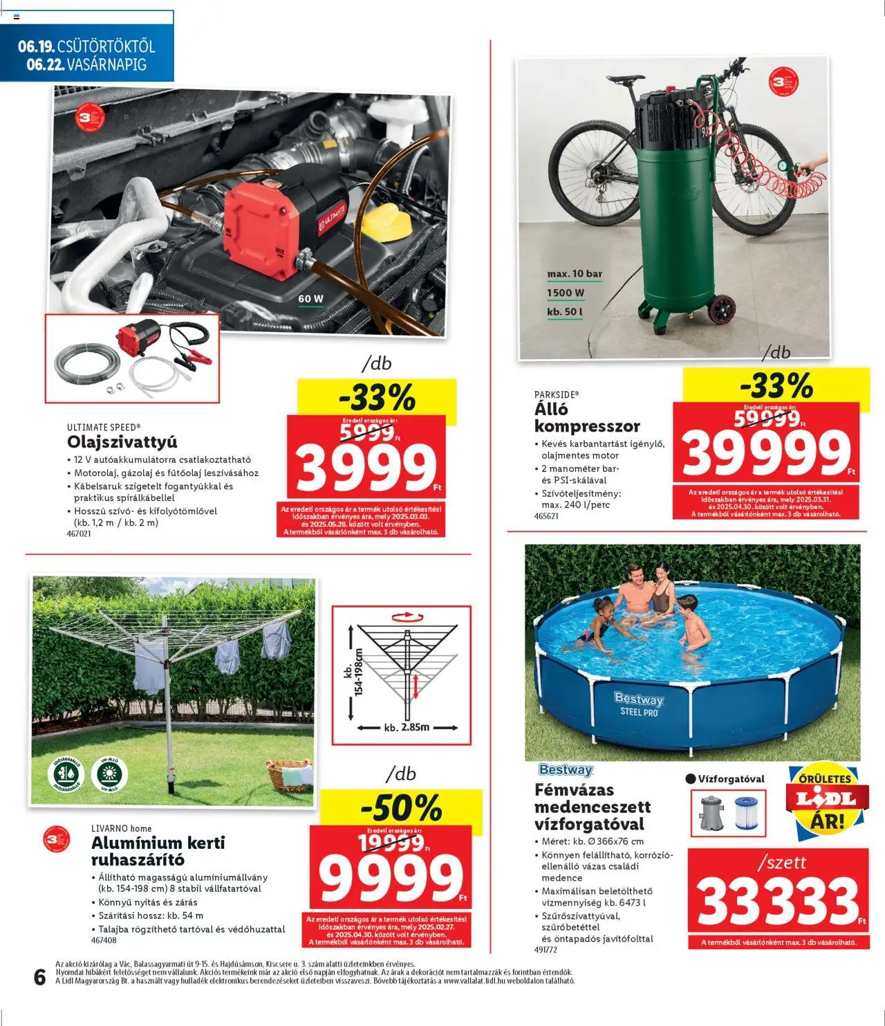 Lidl akciós ujság - amely érvényes a következő dátumtól: 19.06.2025 | Oldal: 6 | Termékek: Parkside, Kompresszor, Medence, Ruhaszárító
