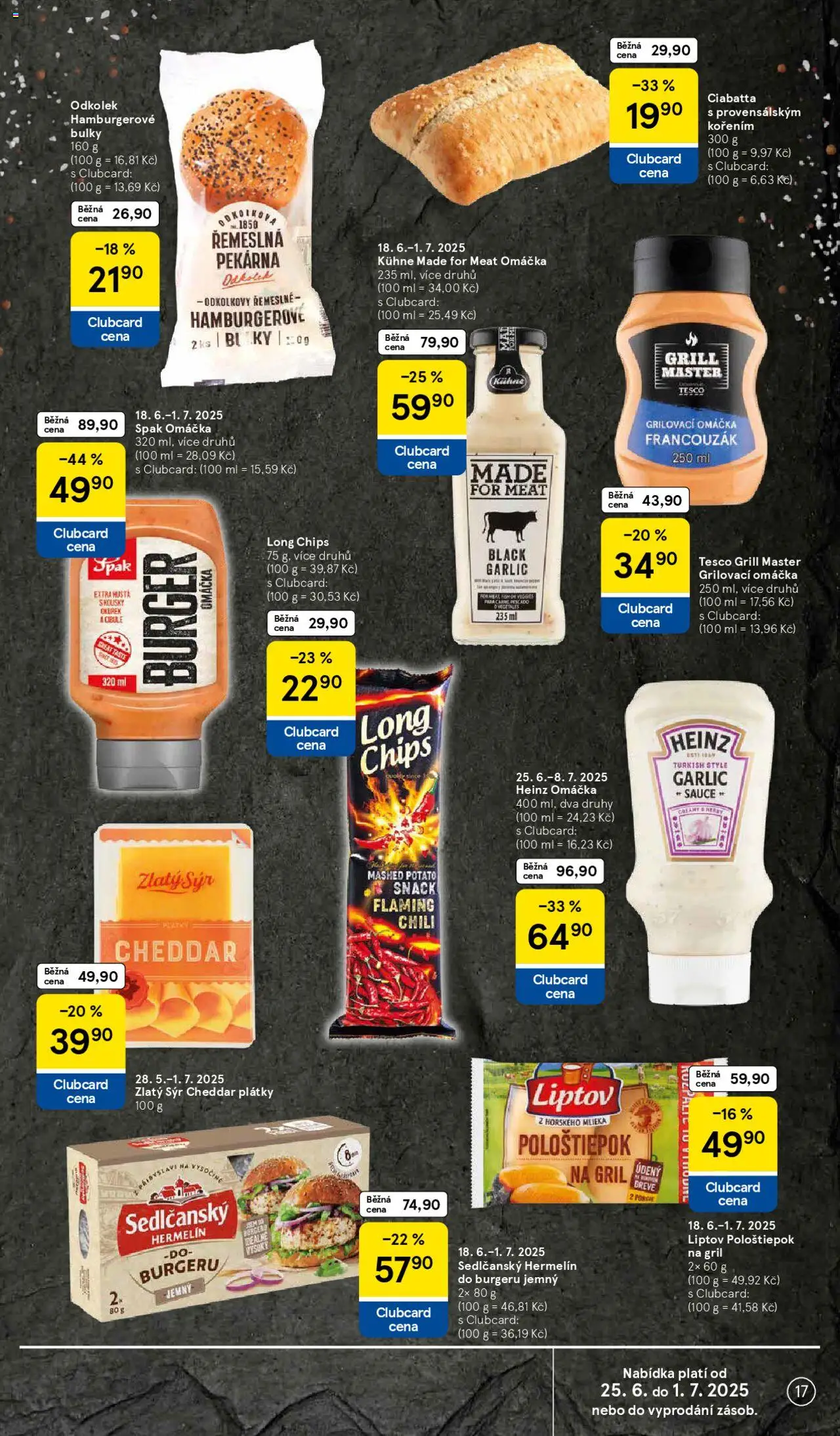 Tesco leták - Hypermarket od 25.06.2025 | Strana: 17 | Produkty: Long chips, Sýr, Hermelín na gril, Pološtiepok na gril
