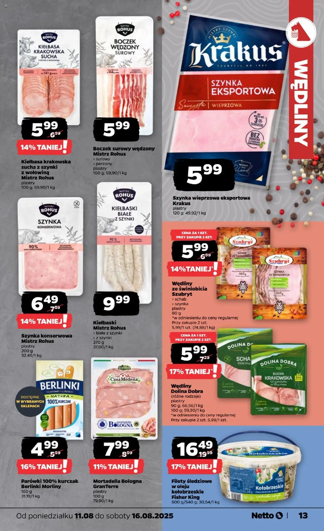 Netto gazetka - Spożywcza od 11.08.2025 | Strona: 13 | Produkty: Kurczak, Parówki, Boczek, Wędliny