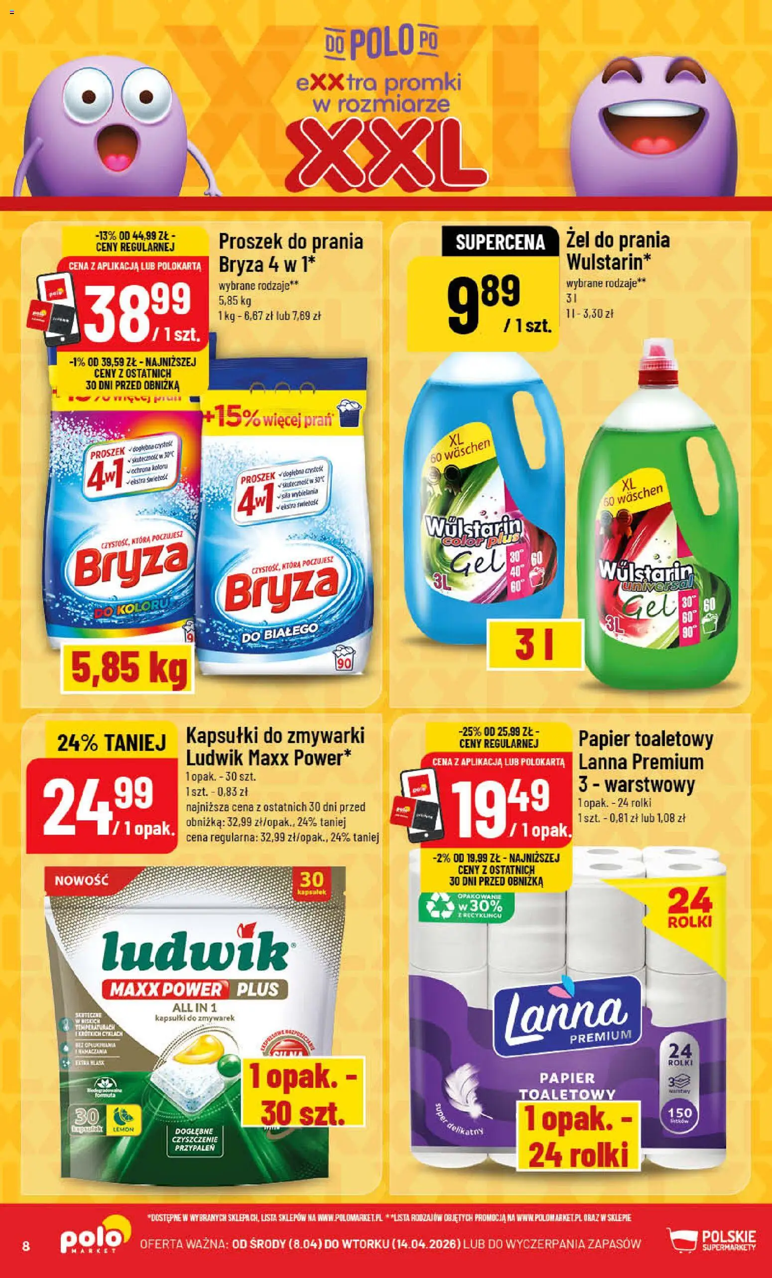 POLOmarket gazetka od 08.04.2026 | Strona: 8 | Produkty: Papier toaletowy, Rolki, Proszek do prania, Kapsułki do zmywarki