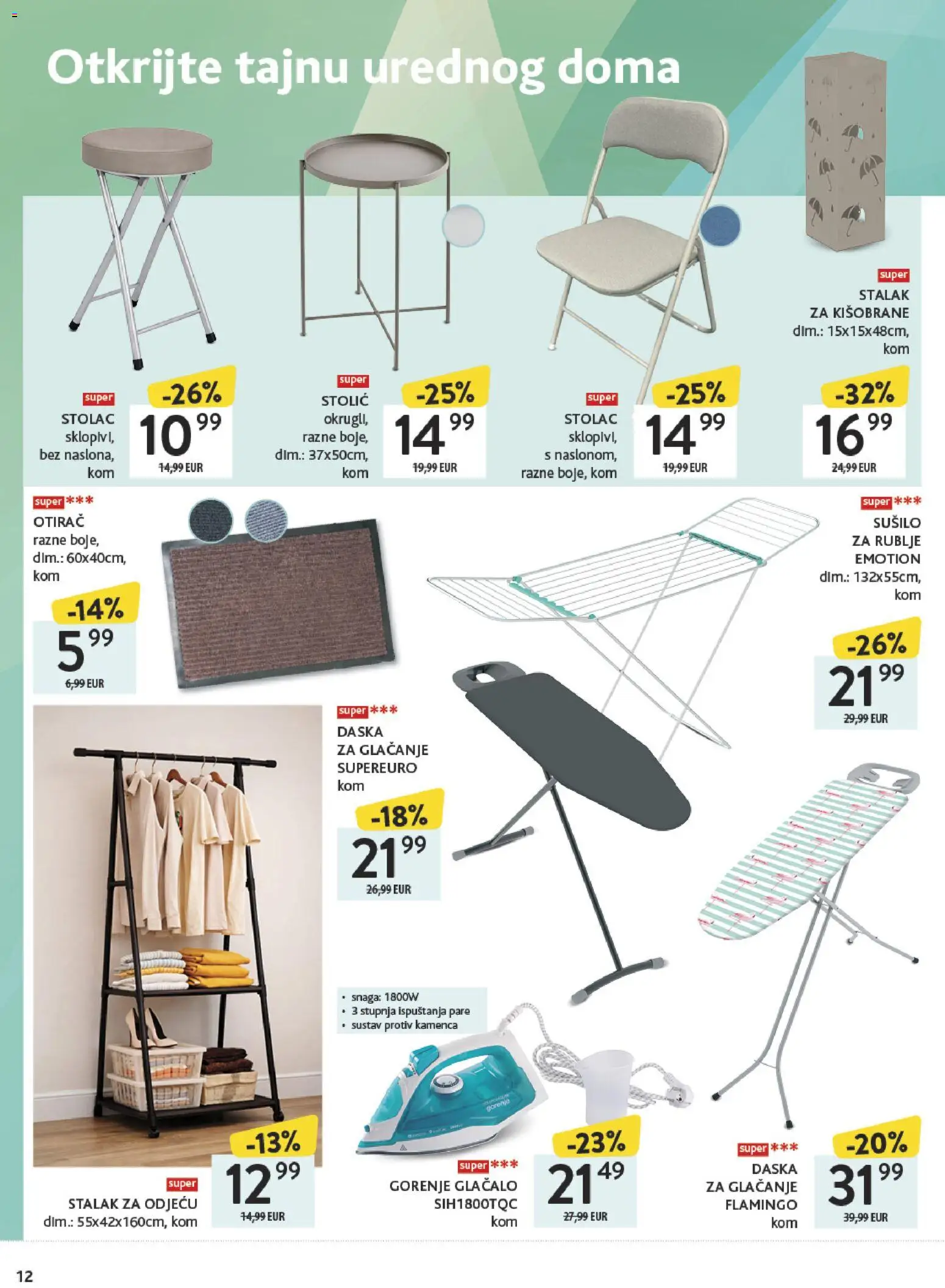 Konzum katalog | vrijedi od 27.04.2026 | Stranica: 12 | Proizvodi: Otirač, Sušilo za rublje, Daska za glačanje, Stalak za odjeću