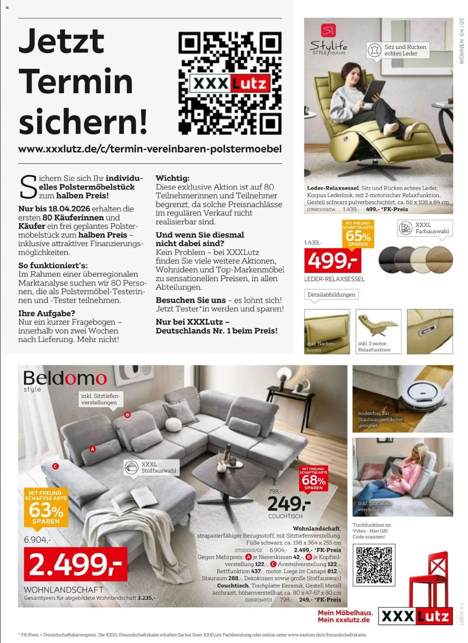 XXXLutz Nr. 1 beim Preis – gültig ab 04.04.2026 | Seite: 5 | Produkte: Wohnlandschaft, Kissen, Couchtisch, Video