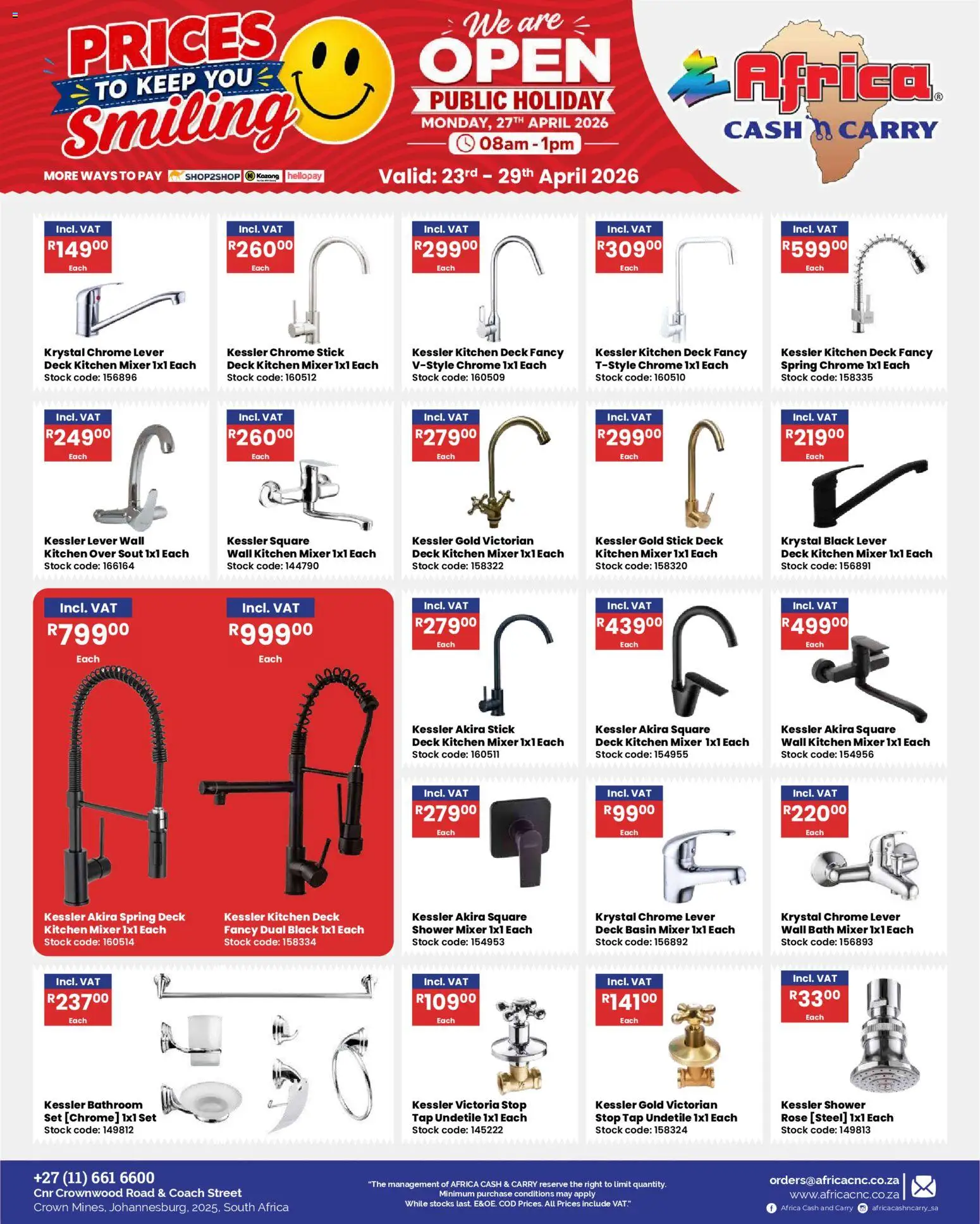 New Africa Cash & Carry catalogue – valid from 23.04.2026 | Page: 25 | Products: Shower, Tap, Shower set, Stock