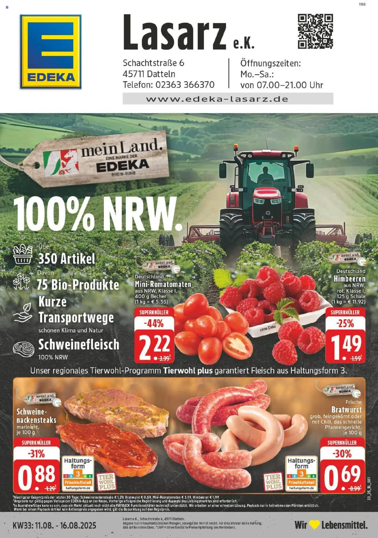 Edeka prospekt Datteln	 – gültig ab 11.08.2025 | Seite: 1 | Produkte: Bratwurst, Schweinefleisch, Fleisch, Telefon