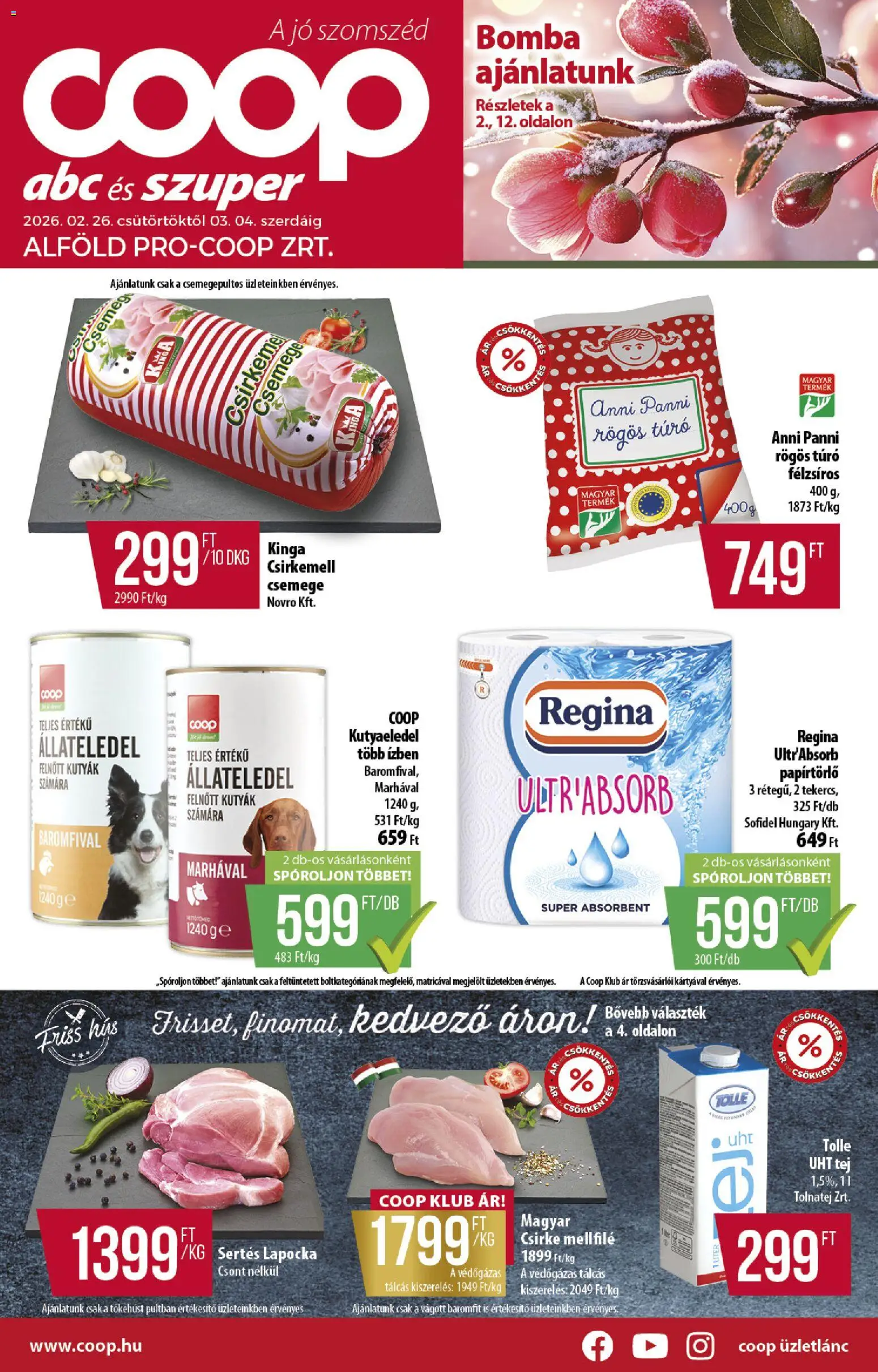 COOP akciós ujság - amely érvényes a következő dátumtól: 26.02.2026 | Oldal: 1 | Termékek: Hús, Sertés lapocka, Tej, Csirkemell