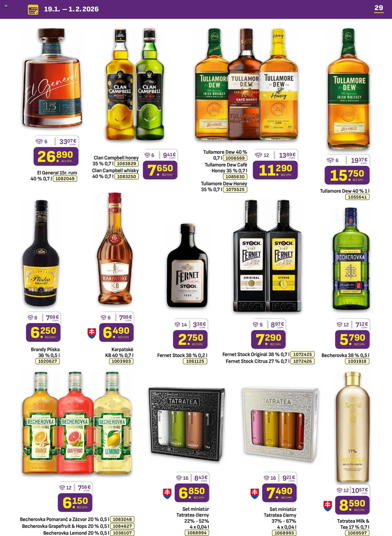 Nové Libex akcie – leták je platný od 19.01.2026 | Strana: 29 | Produkty: Becherovka, Fernet Stock, Rum, Tullamore Dew