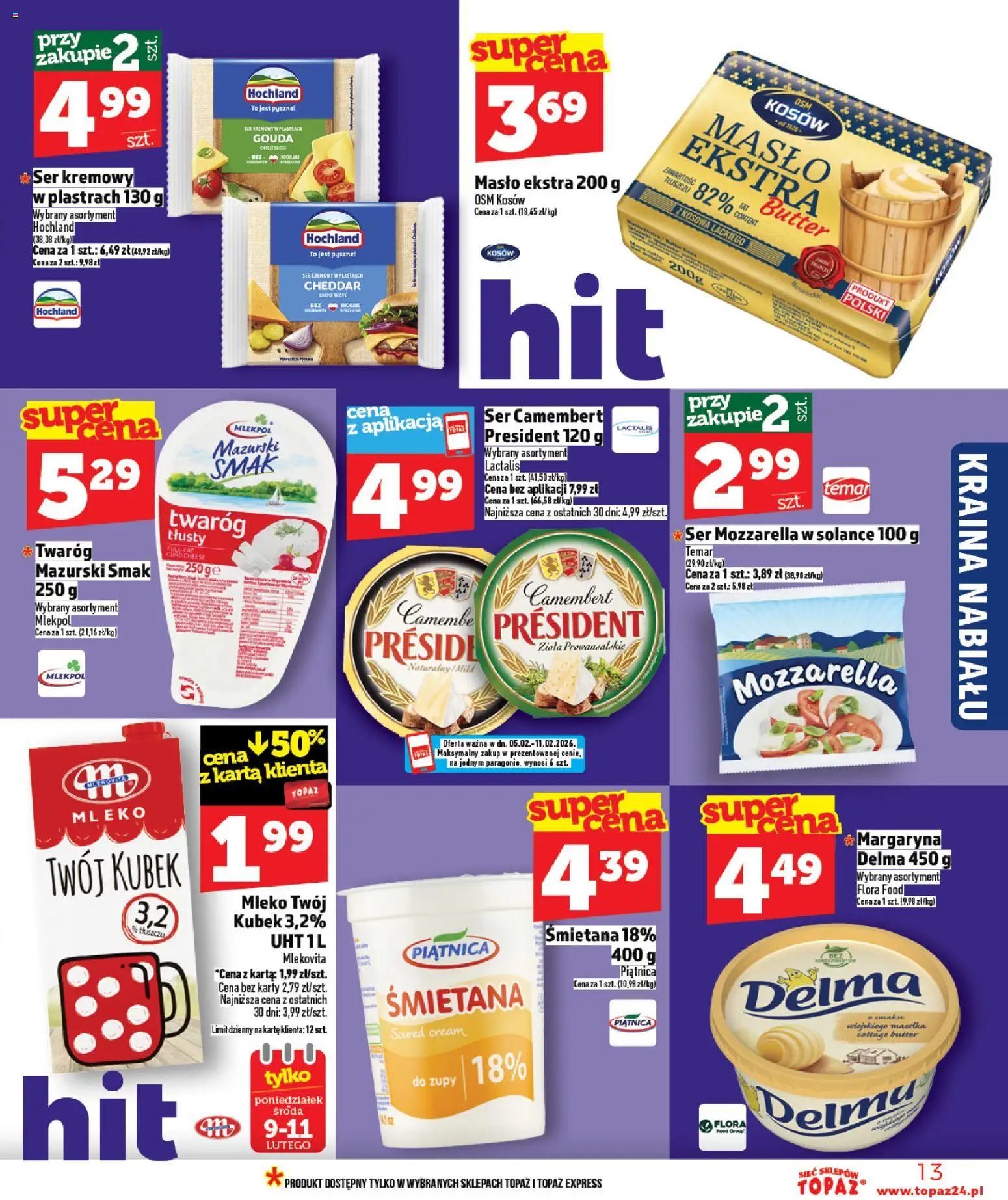Topaz Gazetka MAZ od 05.02.2026 | Strona: 13 | Produkty: Karta, Camembert, Mleko, Mozzarella