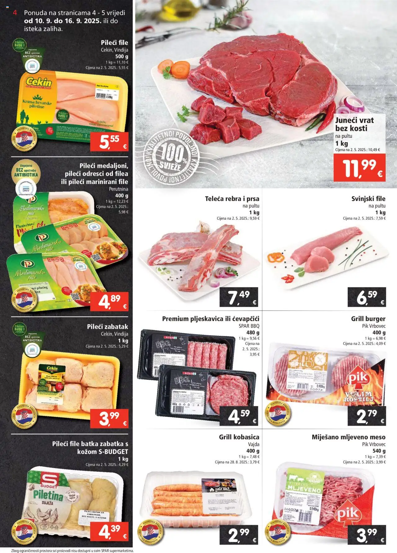 Spar katalog | vrijedi od 10.09.2025 | Stranica: 4 | Proizvodi: Roštilj, Pileći file, Svinjski file, Pik Vrbovec
