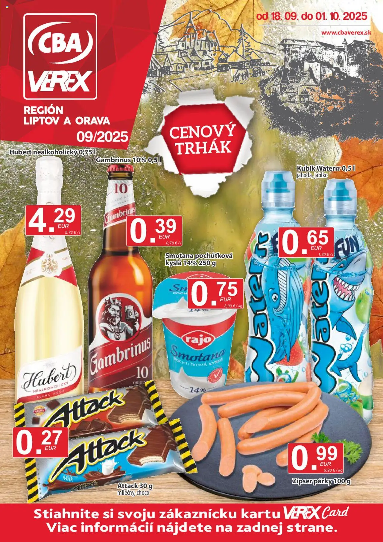 Nové CBA Verex akcie – leták je platný od 18.09.2025 | Strana: 1 | Produkty: Smotana, Párky, Gambrinus
