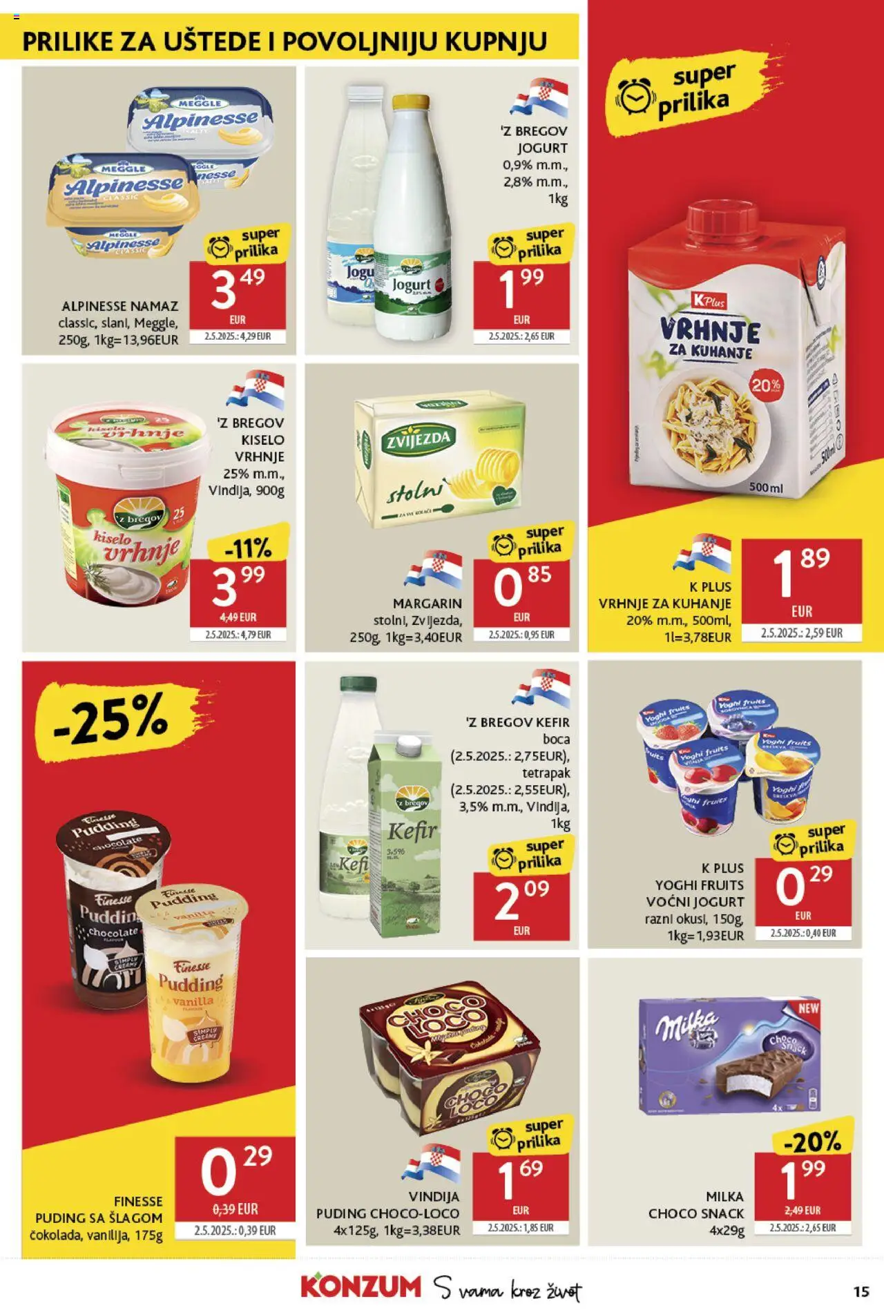 Konzum katalog | vrijedi od 28.05.2025 | Stranica: 15 | Proizvodi: Vindija, Voćni jogurt, Margarin, Kefir