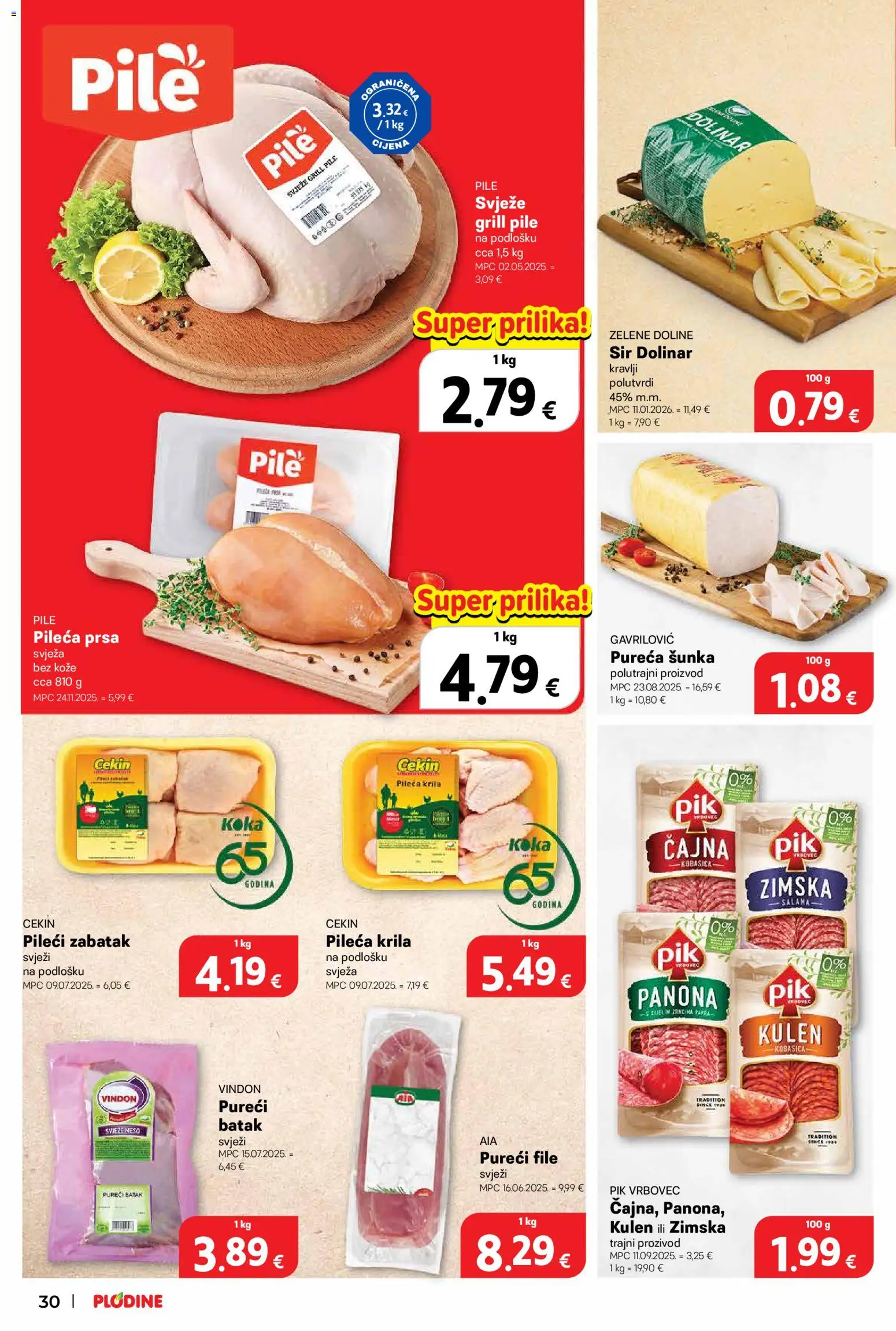 Plodine katalog | vrijedi od 18.03.2026 | Stranica: 30 | Proizvodi: Meso, Šunka, Kulen, Pileća prsa