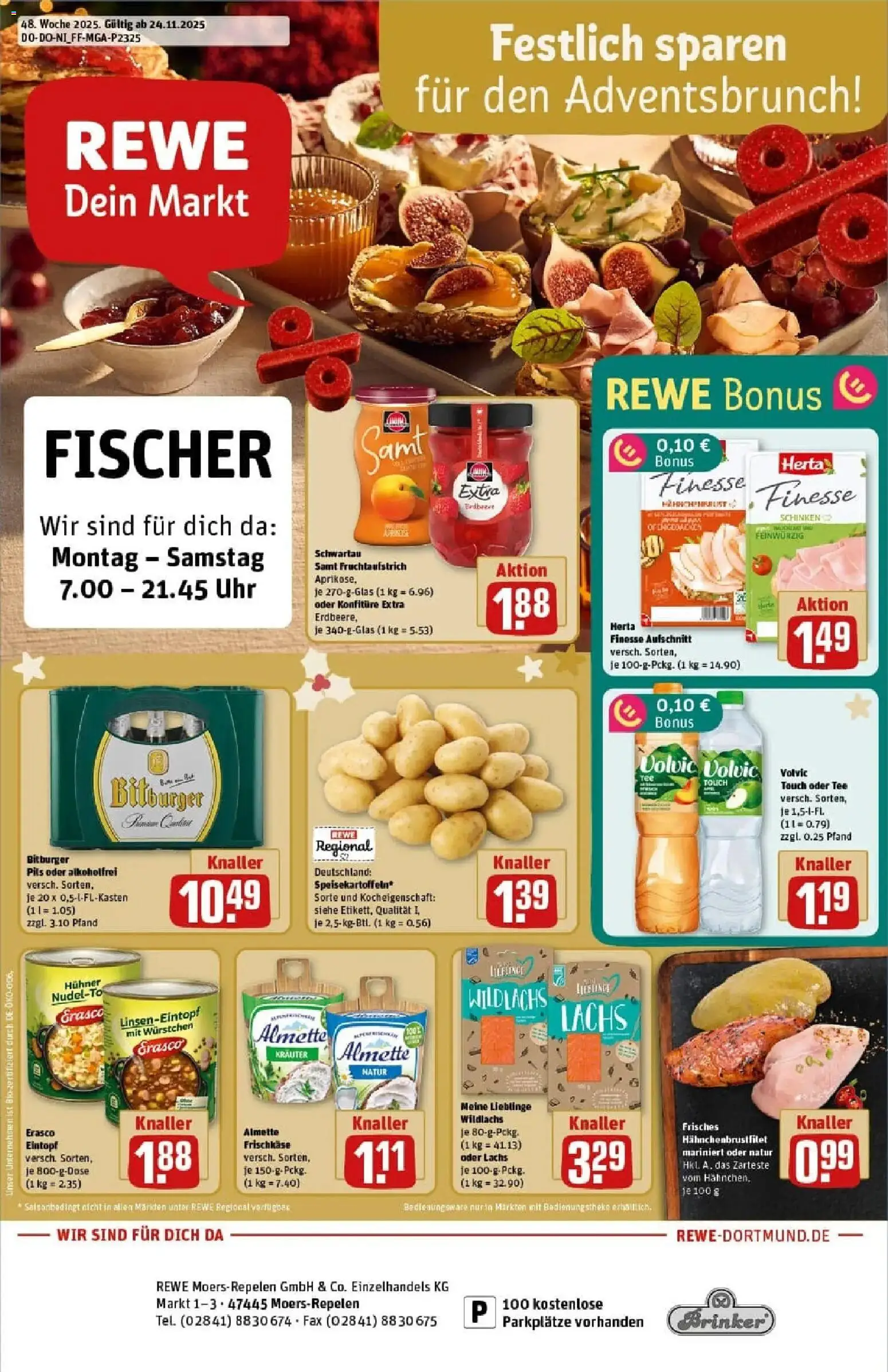 Rewe prospekt Moers	 – gültig ab 23.11.2025 | Seite: 1 | Produkte: Bitburger, Pils, Uhr, Frischkase